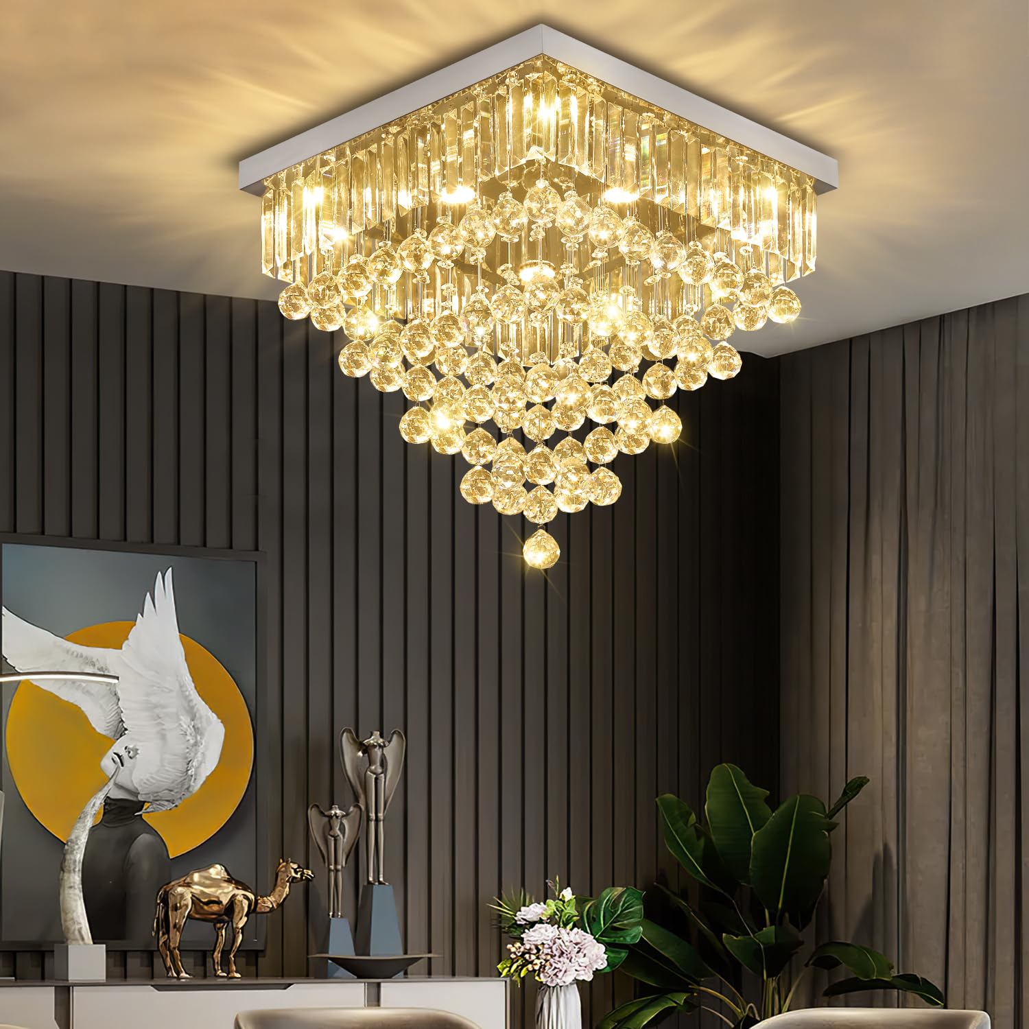 Photo 1 of WOSOHYUN Luxury 20" Square K9 Crystal Flush Mount Chandelier, Modern Silver 6-Light LED Ceiling Light, Dimmable Chandeliers Fixture for Dining Room, Living Room, Bedroom, Entryway
