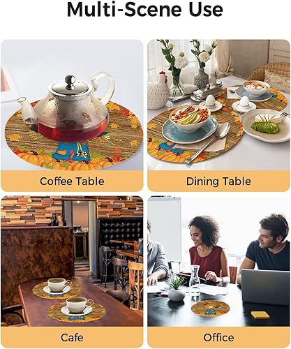 Miniatura 4 de 2 Packs Round Braided Placemats for Dining Table, Thanksgiving Scarecrow Maple Leaf Fall Vintage Wood Grain 15 inch Washable Kitchen Table Place