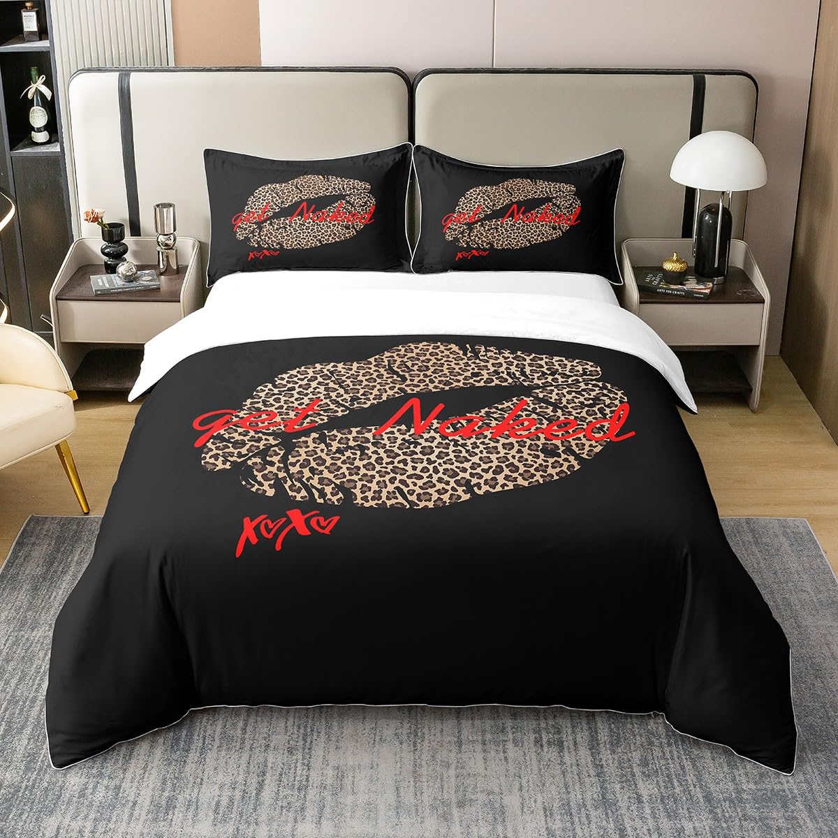 Homemissing Kiss 100% Coton Housse de Couette 140x200cm lèvres Rouges Femme Housse de Couette Set Cheetah Rouge à lèvres imprimé Parure de lit Leopard imprimé Literie Set Noir Marron Literie