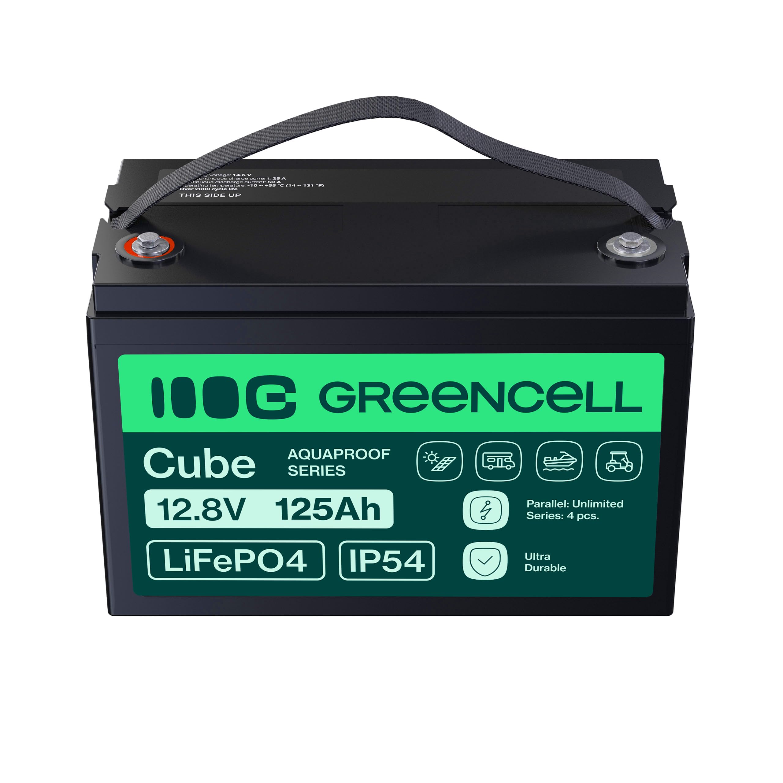 Green Cell Cube LiFePO4 Batteria 125Ah 12.8V - Batteria al litio di ferro fosfato per camper, barche, impianti solari, sistemi off-grid, con BMS, leggera e sicura