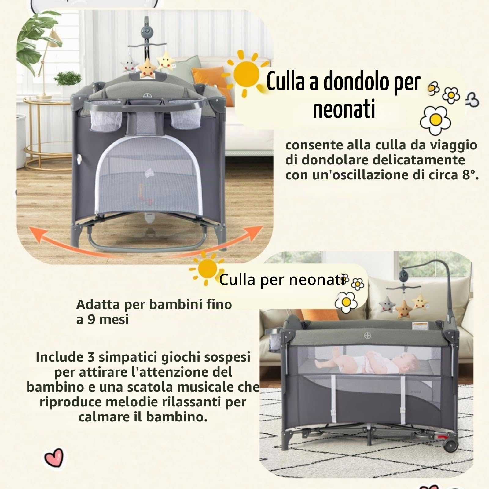 LIFEZEAL 5 in 1 Lettino Neonato Pieghevole 112x82x82cm, Culla Co-sleeping per Bimbo 0-3 Anni Traspirante con Materasso e Borsa per Trasporto, Lettino da Campeggio con Fasciatoio e Cintura