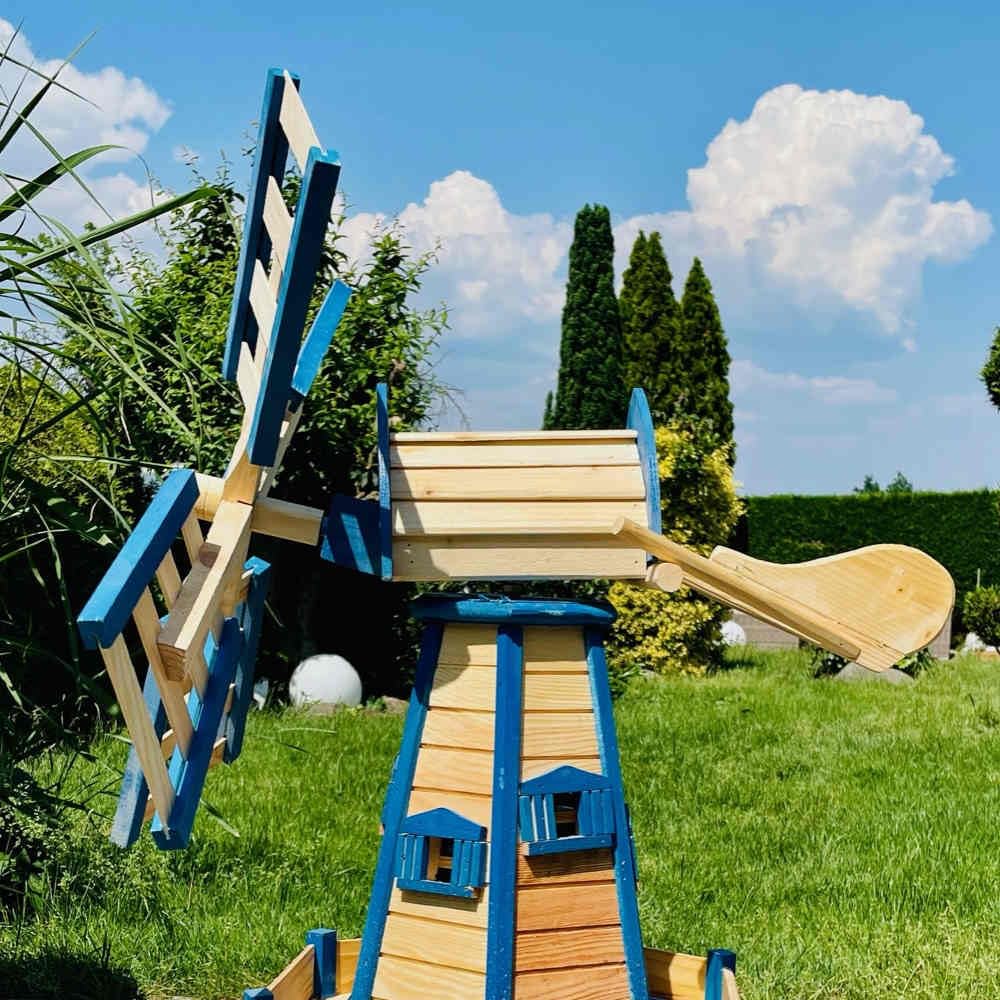 handgefertigte Sechseck Doppelstock-Garten-Windmühle aus Holz Natur/Blau Höhe 93 cm