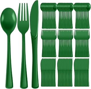 150 PCS Green Plastic Silverware Set Heavy Duty Disposable Cutlery, 50 Forks 50 Knives 50 Spoons Elegant Pink Flatware for Bridal Party, Wedding, Birthday & Garden Party(150,Green)