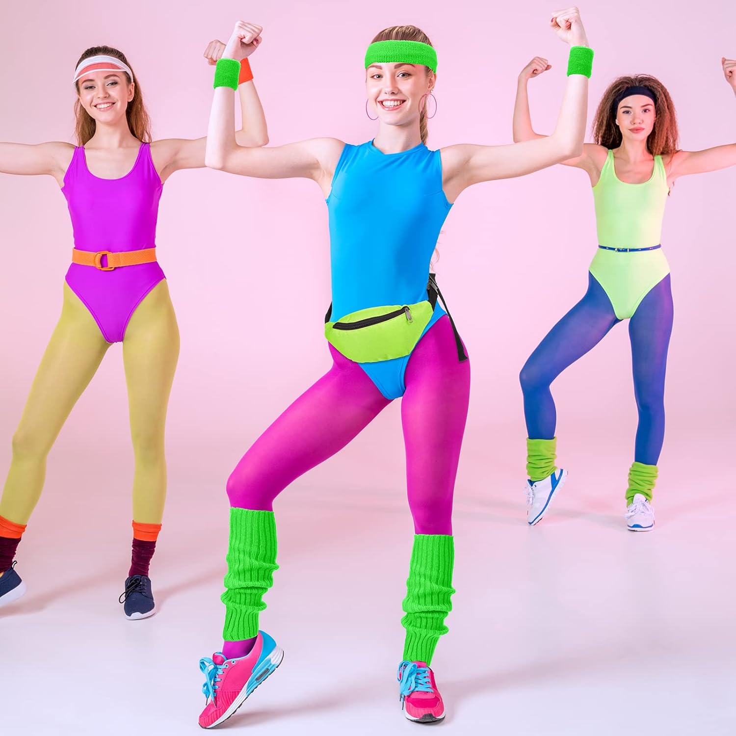 80s Women Neon Leg Warmers Headband Wristbands Earrings Hair Rings Fanny Pack Set Knit 80s Women Neon Accessories (Green) - Image 5