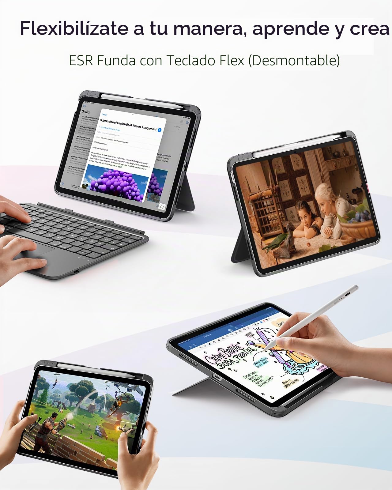 ESR Funda con teclado para iPad Air 11" (M4/M3/M2) & 5./4. Gen Flex, carcasa flexible con teclado ultraligero magnético extraíble con modos de escritura y visualización, gran trackpad de precisión