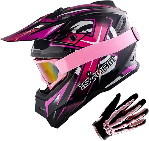 1Storm Casco de motocross BMX MX para jóvenes, estilo de carreras para adolescentes rosa de carreras + gafas + guante de esqueleto