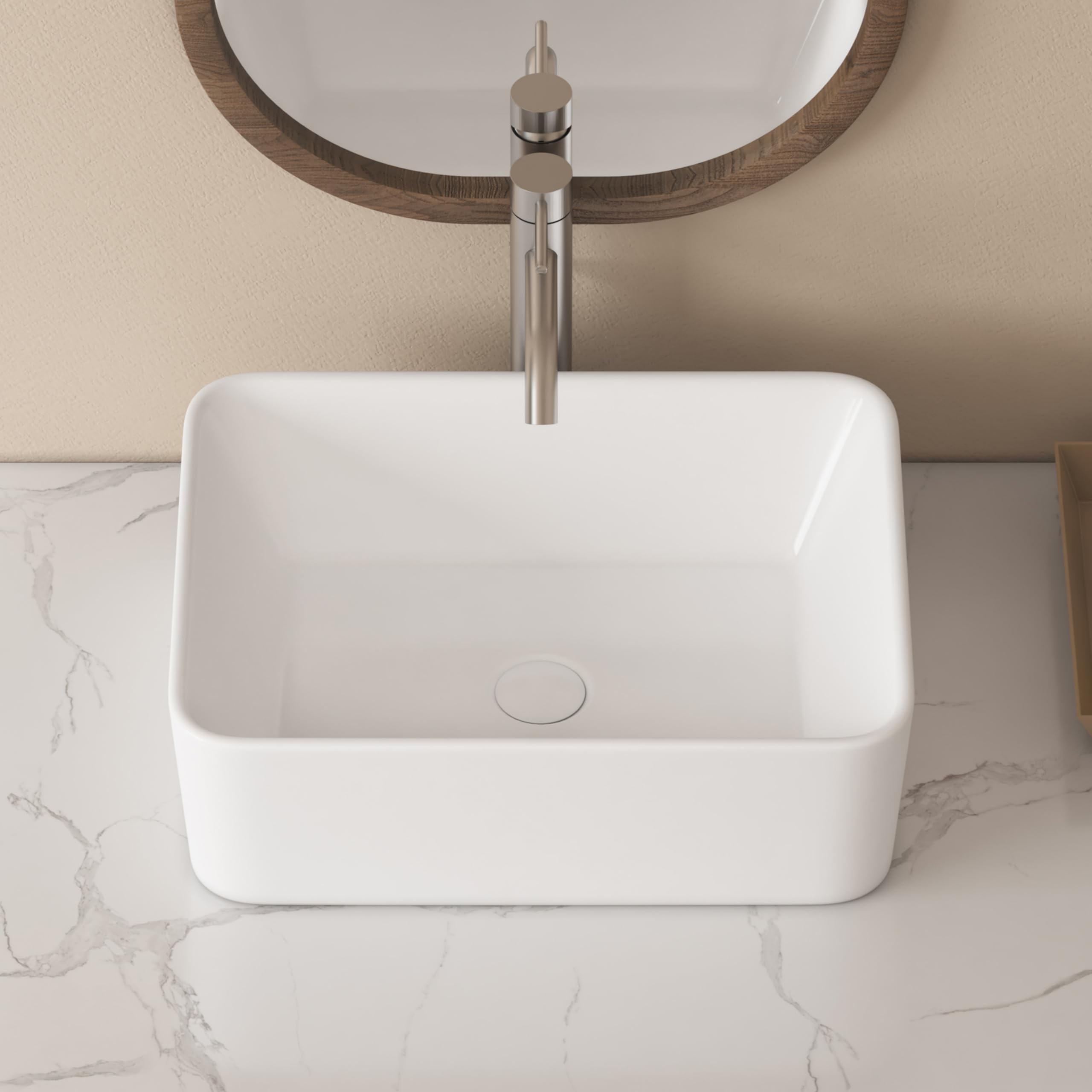 Eridanus Lavabo rectangular de cerámica para encimera de baño, moderno lavabo cuadrado de porcelana vítrea para tocador, color blanco brillante, 400 x 300 x 130 mm