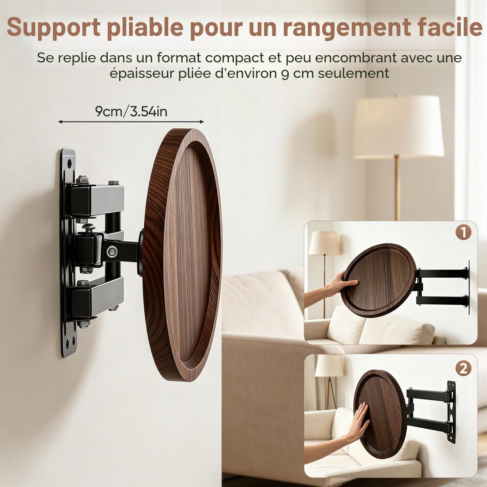 Table Murale Pliante, Petite Table Murale Rabattable Bureau Rond De 30 Cm Pivotant à 180 ° De DiamèTre Pliable Extensible De Chevet Suspendue Gain De Place pour Chambre, Salon, Balcon (A)