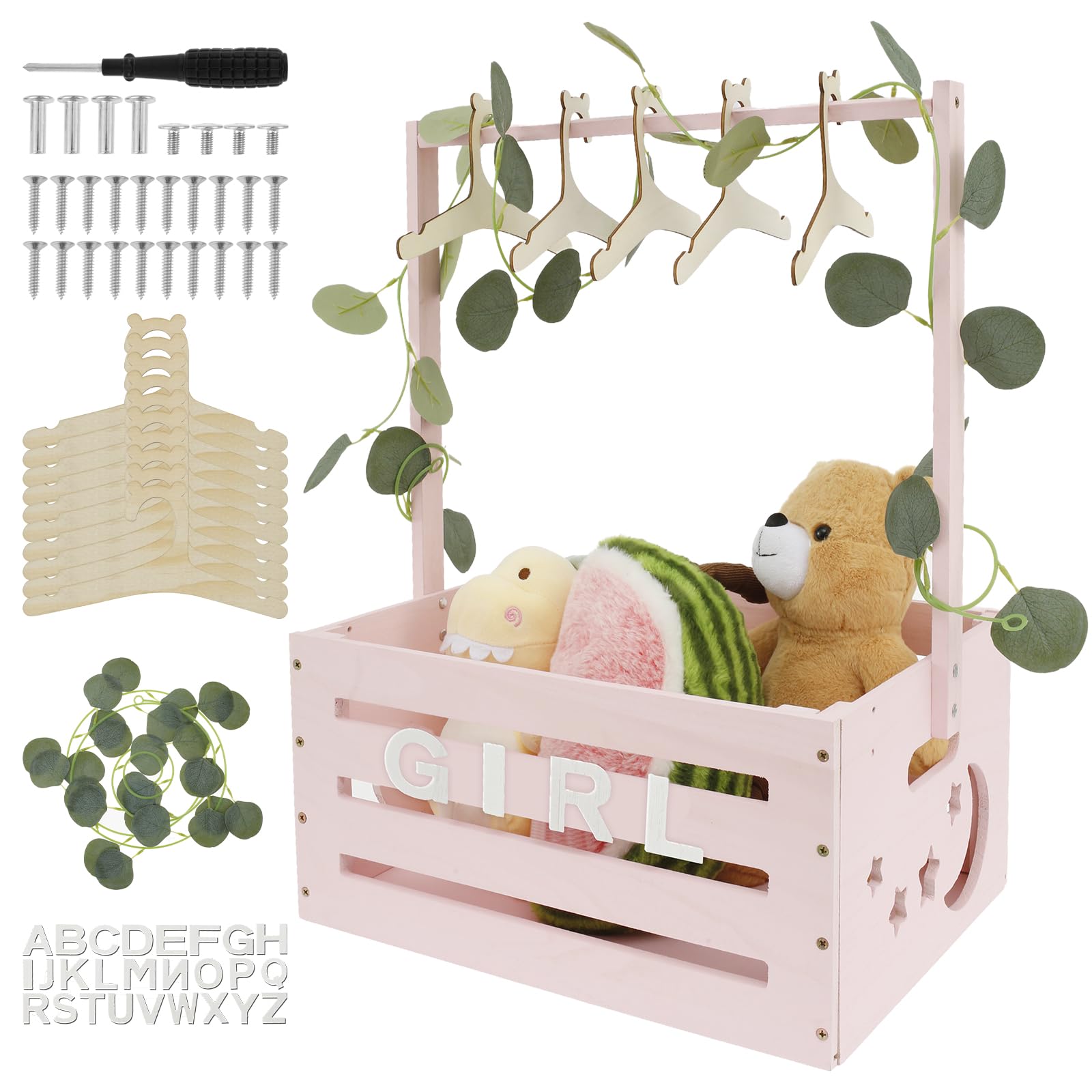 Lulobtg Pink Baby Shower Crate Closet With Green Garland, 40X30x20cm Wooden Baby Clothes Rack With 10 Hangers Baby Storage Crate Hamper For Baby Shower Pregnancy New Parent Gifts(Pink)