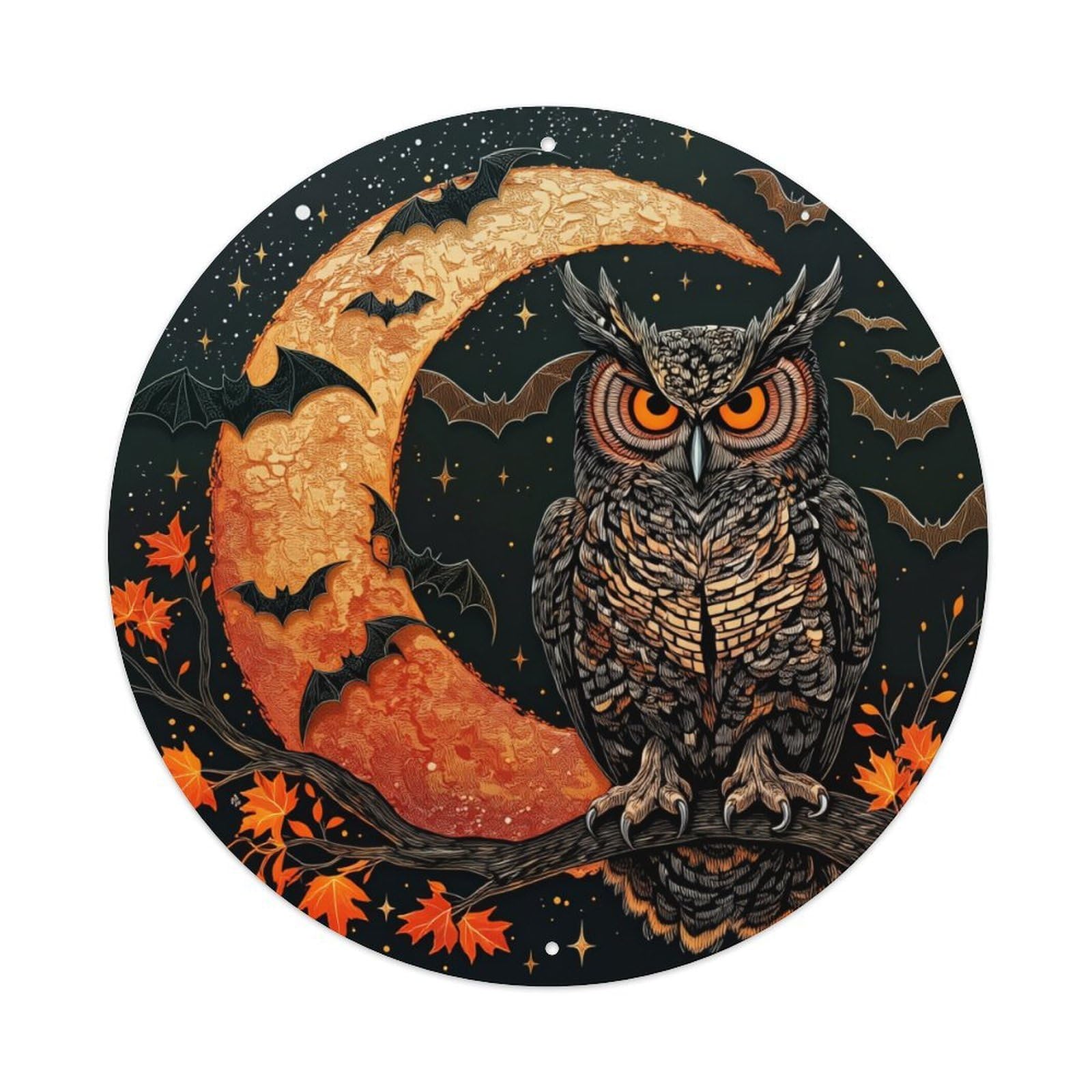 Owl Moon Bats Leaves Stars Round Tin Sign Vintage Metal Poster, Home Bar Garage Man Cave Cafe Indoor & Outdoor Wall Decoration 8x8Inches