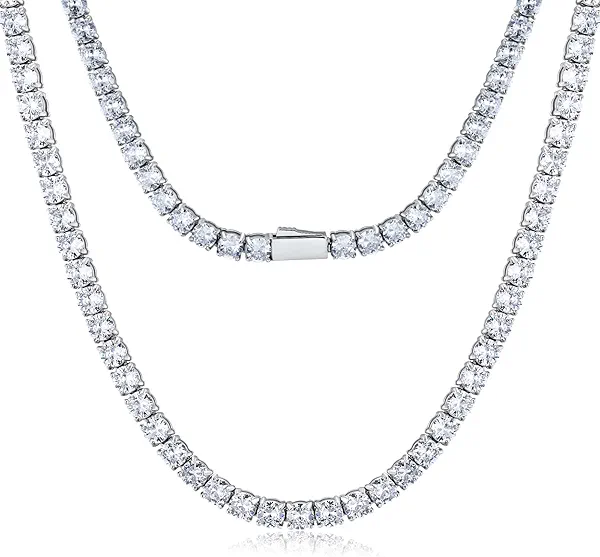 Zsllzm Tennis Necklace for Women and Men 4/ 5mm 1 Row Prong-Setting Stainless Steel Tennis Chain 5A+ Cubic Zirconia Iced Out Chain Never Fade Diamond Necklace or Bracelet -with Gift Box