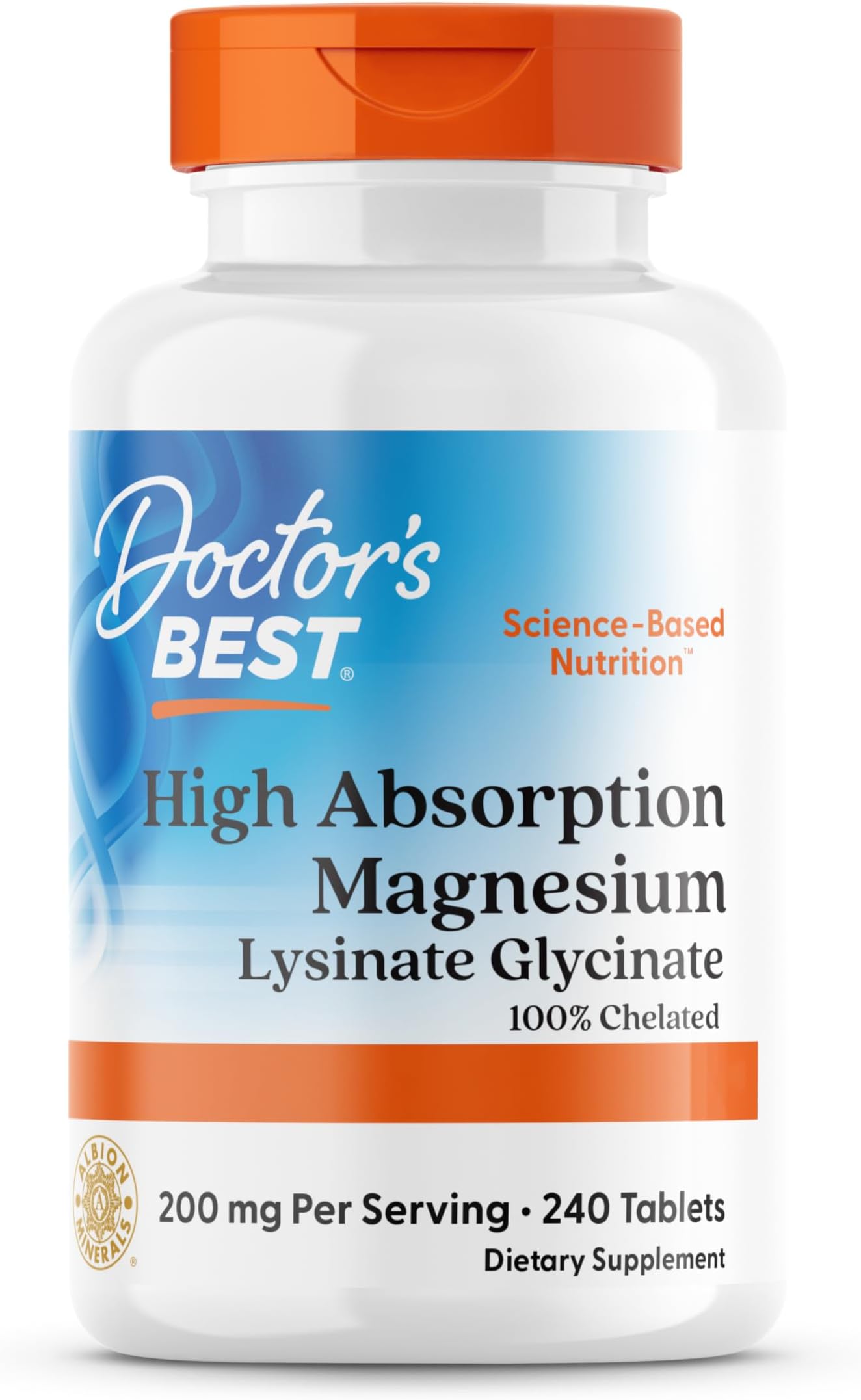 Doctor's Best, High Absorption Magnesium, 100% chelated with TRAACS, with Glycine and Lysine, 240 Vegan Tablets, SOYA Free, Gluten Free, Non-GMO