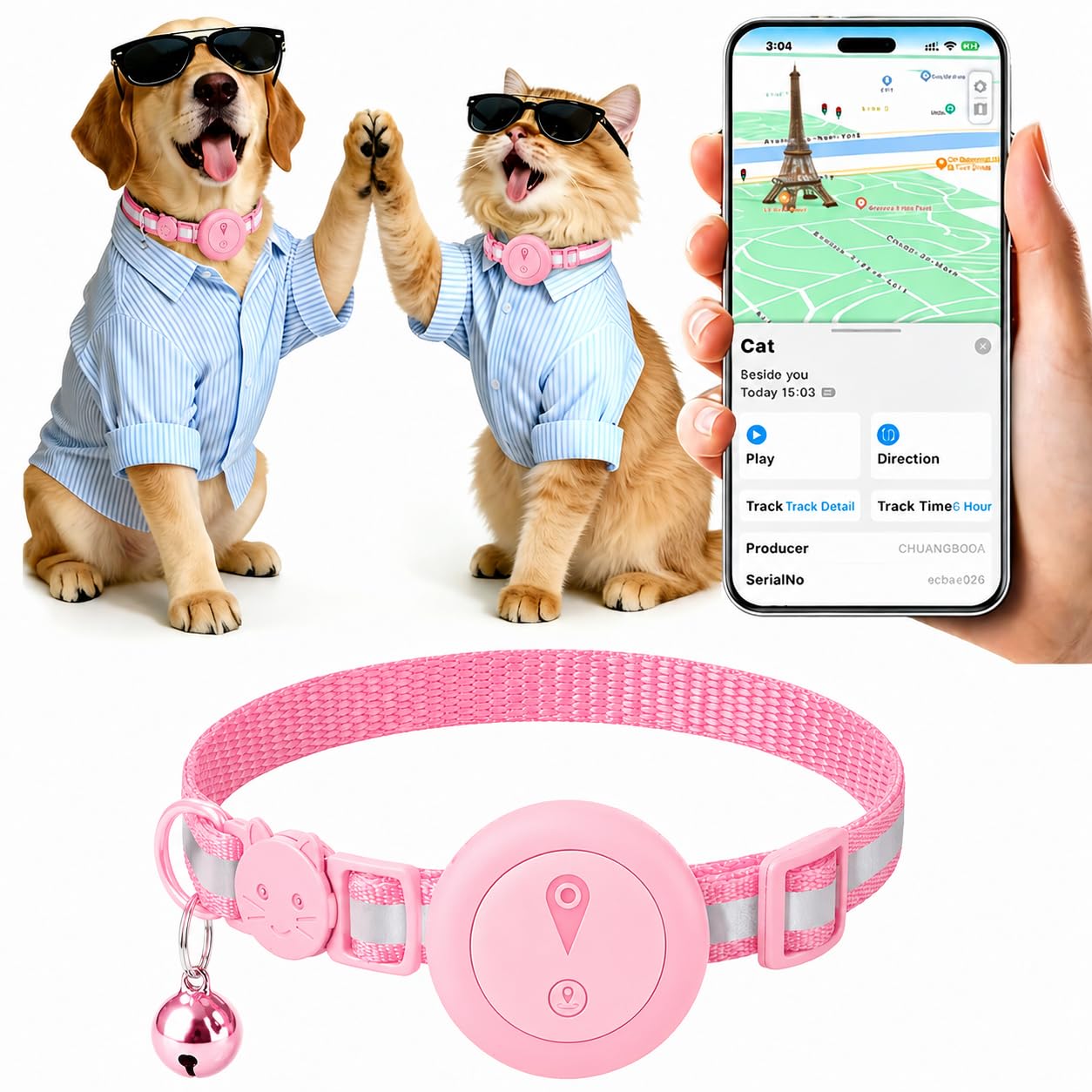 Collier GPS Chat 2-en-1,Collier GPS pour Chien Réfléchissant,Suivi en Temps Réel Et Fonctions Anti-Perte,sans Abonnement,iOS/Android,Collier Réglable avec Grelot,Adapté Aux Petits Chiens/Chats-Rose