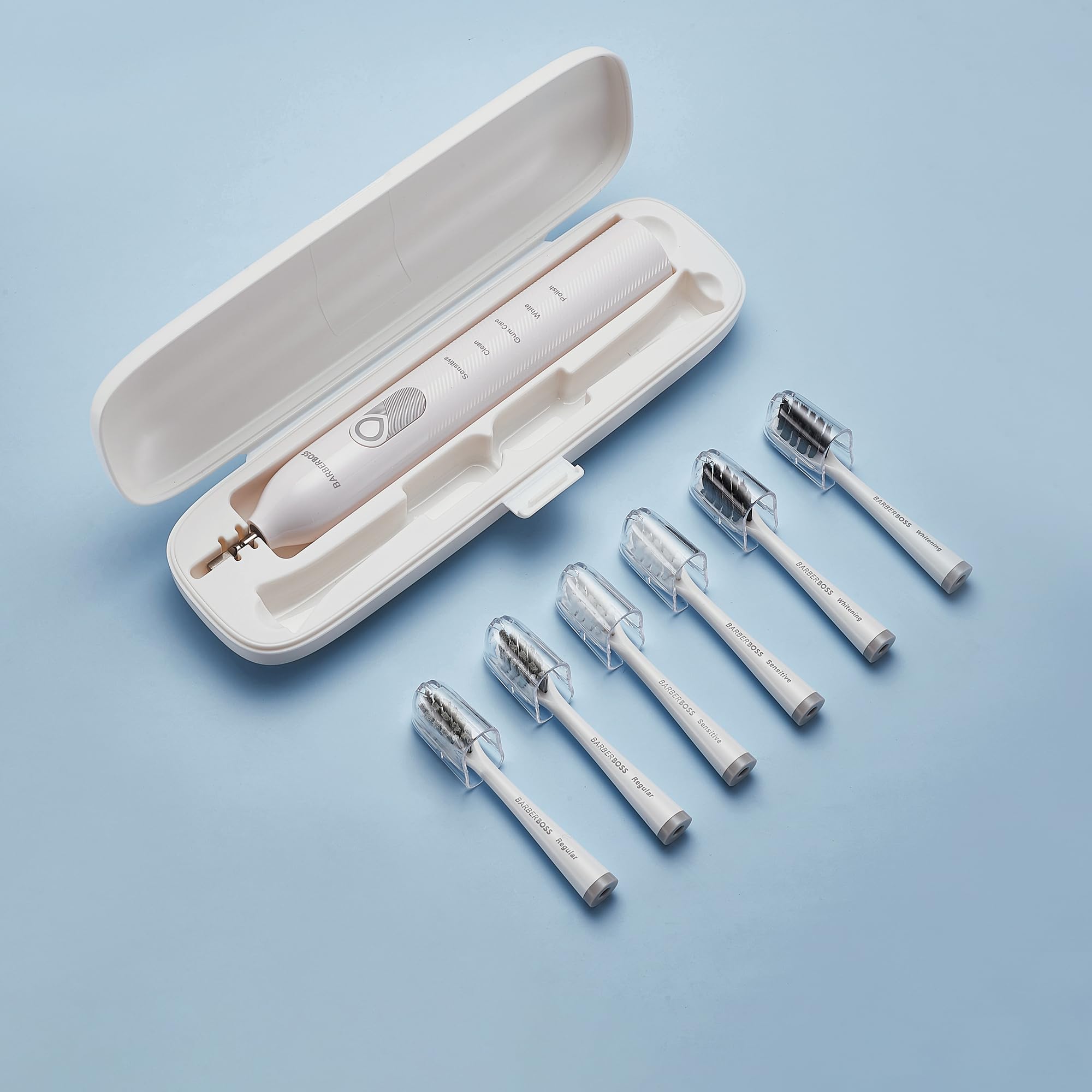 BarberBoss Spazzolino elettrico con 6 testine e sensore di pressione, spazzolino ricaricabile per adulti con 5 modalità, timer intelligente, spazzolino da denti con kit da viaggio