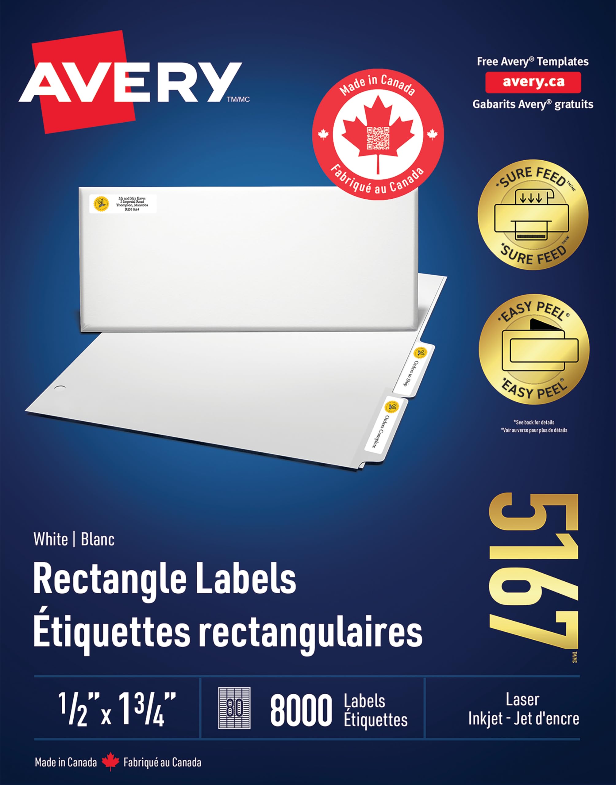 Avery White Rectangle Labels with Easy Peel for Laser/Inkjet Printers, 1-3/4" x 1/2", 8000 Labels, Permanent (5167) Made in Canada image 6