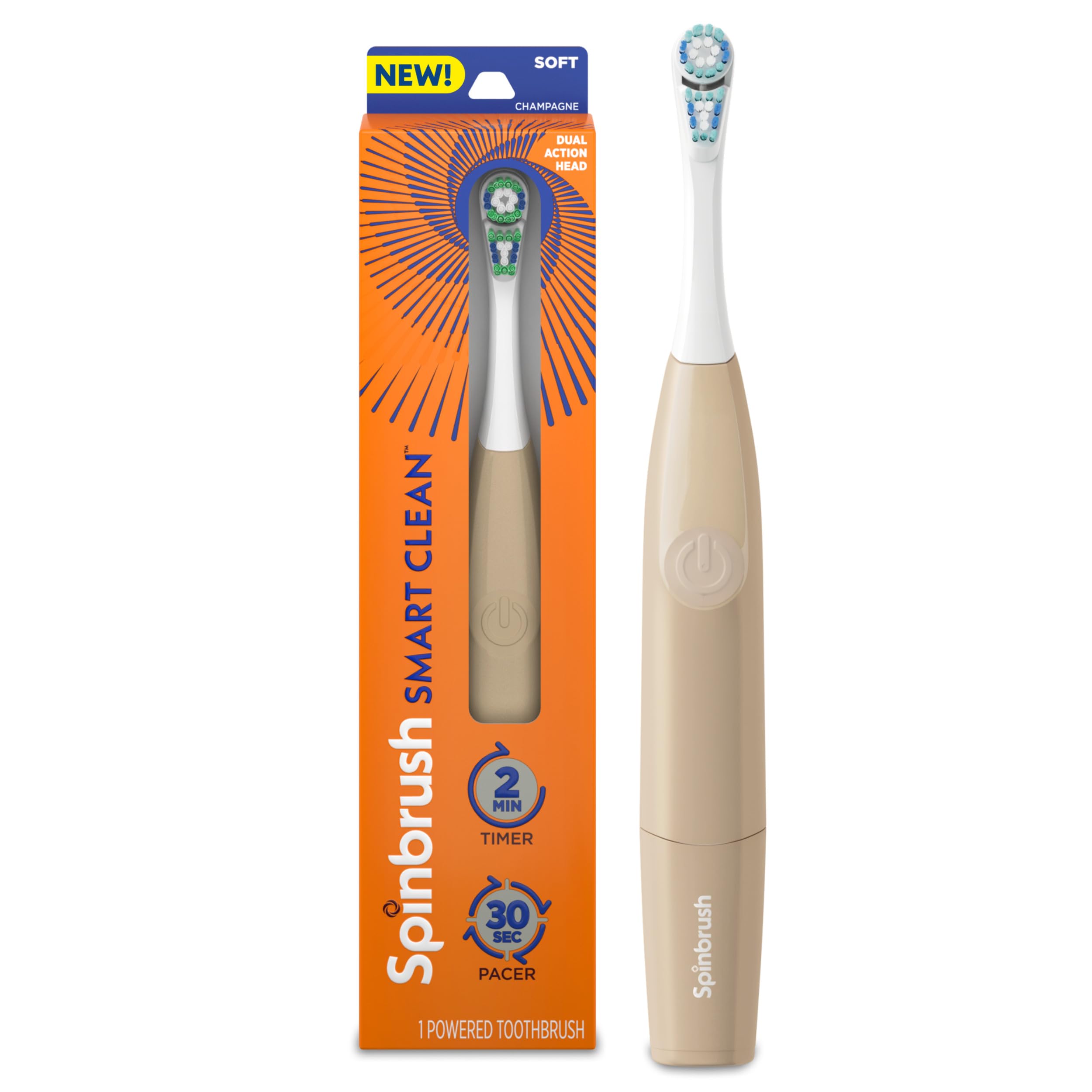Spinbrush Smart Clean Battery Powered Electric Toothbrush for Adults with Dual Action Head, Pacer & Timer, Champagne, Soft Bristles, 1 Count