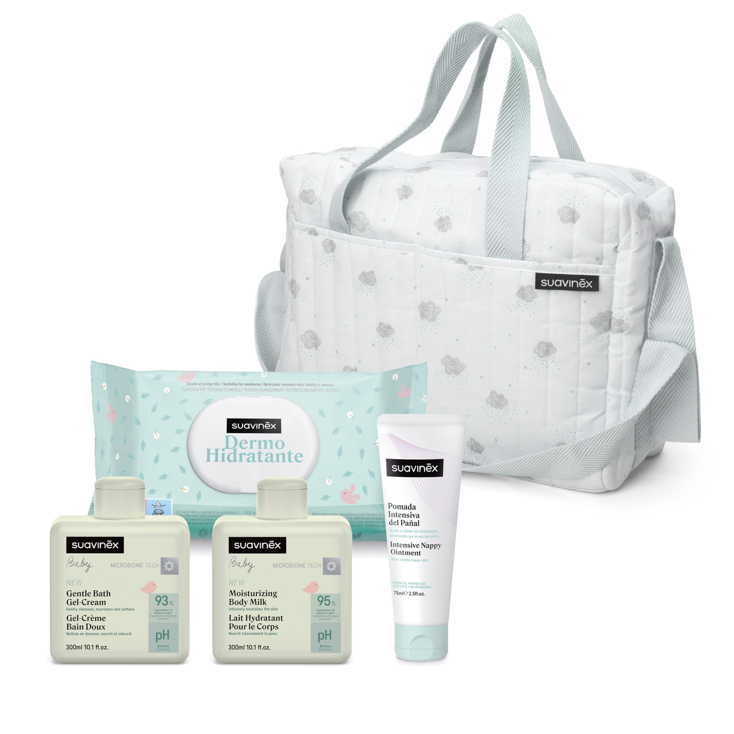 Suavinex, Sac à Langer Bébé avec Cosmétique : Gel Lavant Doux 300 ml + Lait Hydratant 300 ml + Crème de Change 75 ml + Lingettes 60 Unités. Cadeau Naissance Fille et Garçon, Panier Nouveau-Né, Bleu