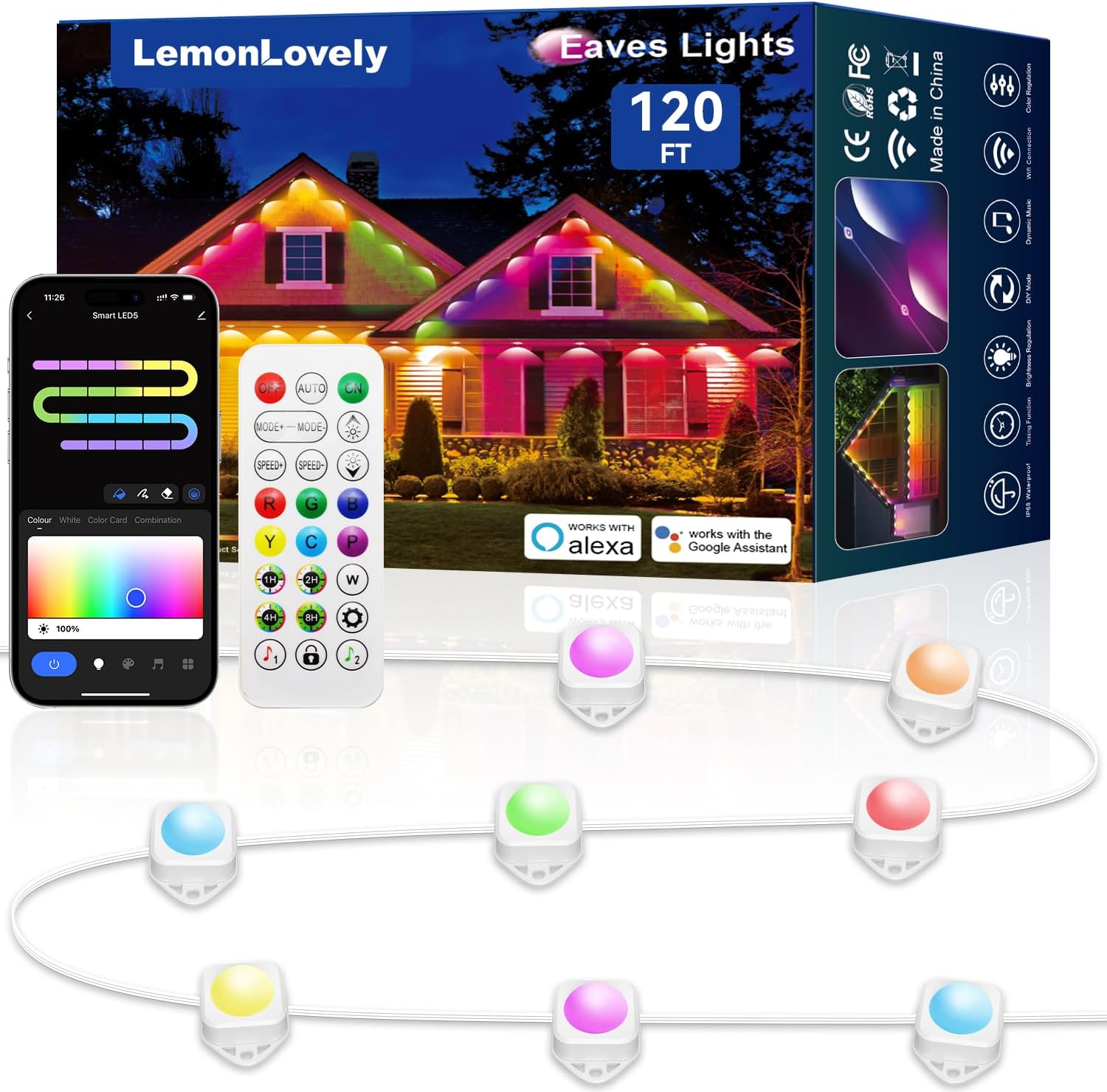 Permanent Outdoor Lights for House, 120ft with 88 Smart IC+RGBCW LED Lights, IP67 Waterproof Eaves Light for Daily Christmas Decorations, Work with Remote, APP, Alexa, White Permanent Outdoor Lights for House, 120ft with 88 Smart IC+RGBCW LED Lights, IP67 Waterproof Eaves Light for Daily Christmas Decorations, Work with Remote, APP, Alexa, White