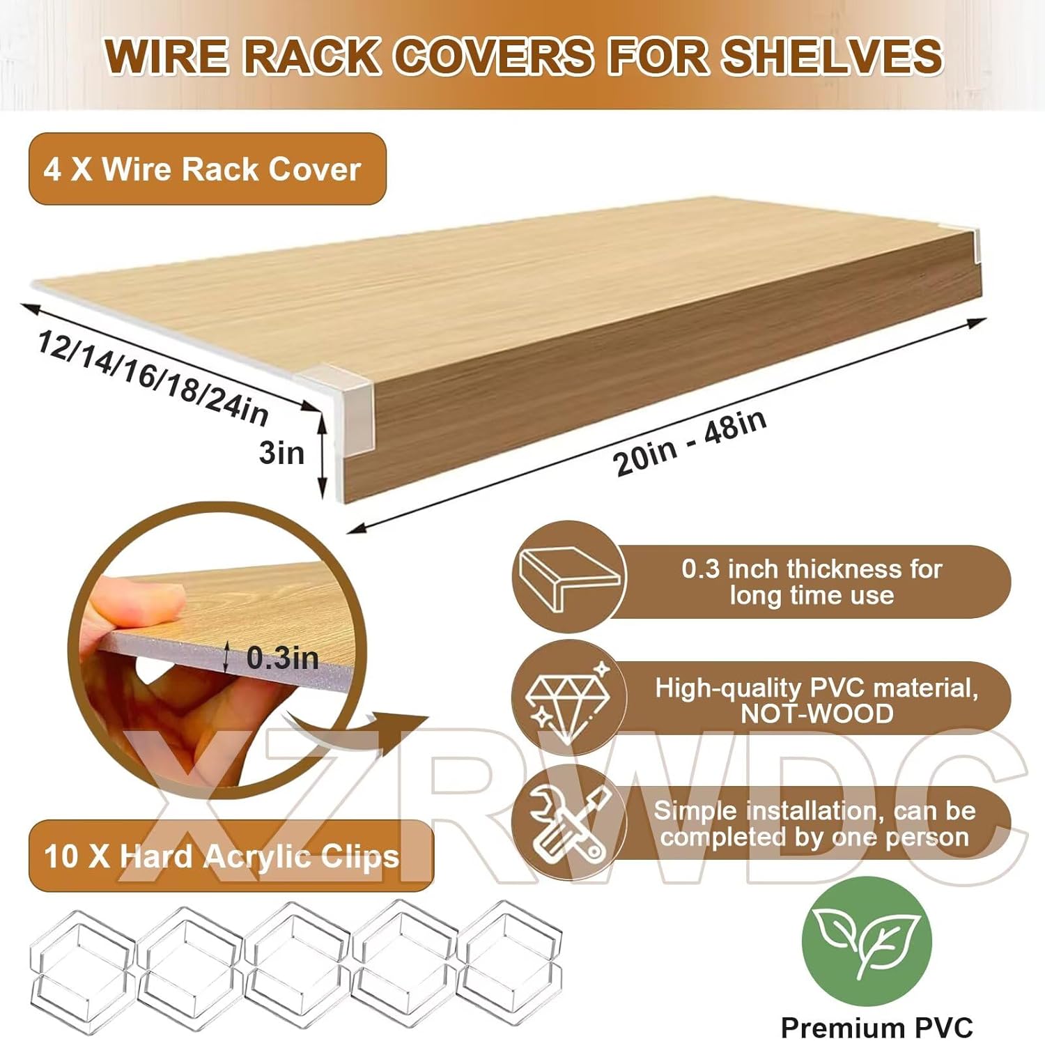 4 PCS Shelf Covers for Wire Shelving, Walnut Wire Rack Cover 16×43 In, 3 In High Faux Wood Covers for Wires Shelves, 0.3 In Thick Waterproof PVC Wires Shelving Cover for Closet Pantry Kitchen Bathroom