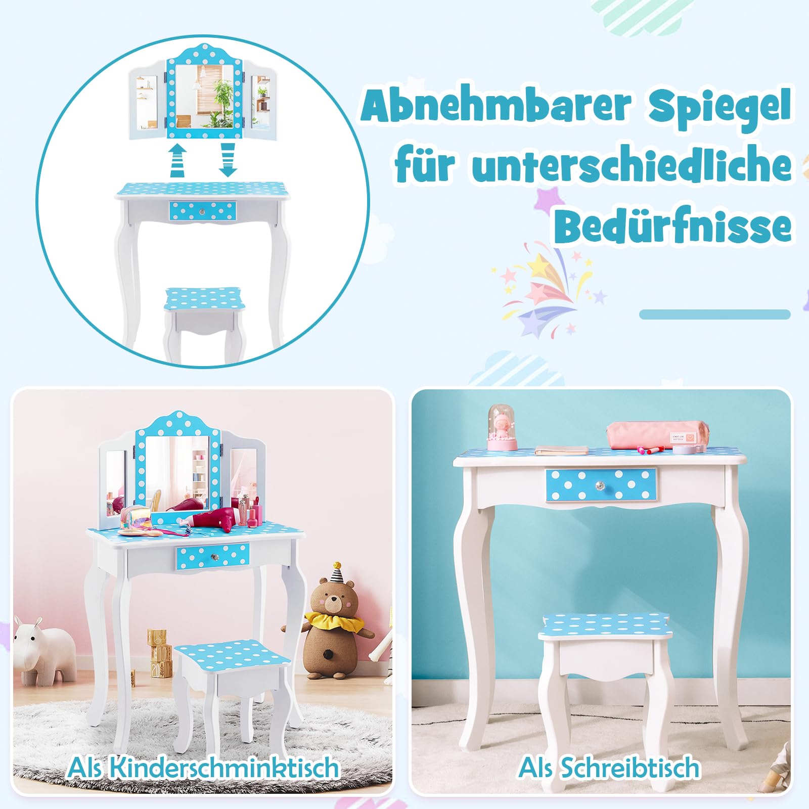 DREAMADE 2 in 1 Schminktisch Kinder mit Hocker und Abnehmbarer Spiegel, Prinzessin Frisiertisch mit Schublade Kosmetiktisch aus Holz, Kinderschminktisch für mädchen (Pünktchenmuster-Blau)