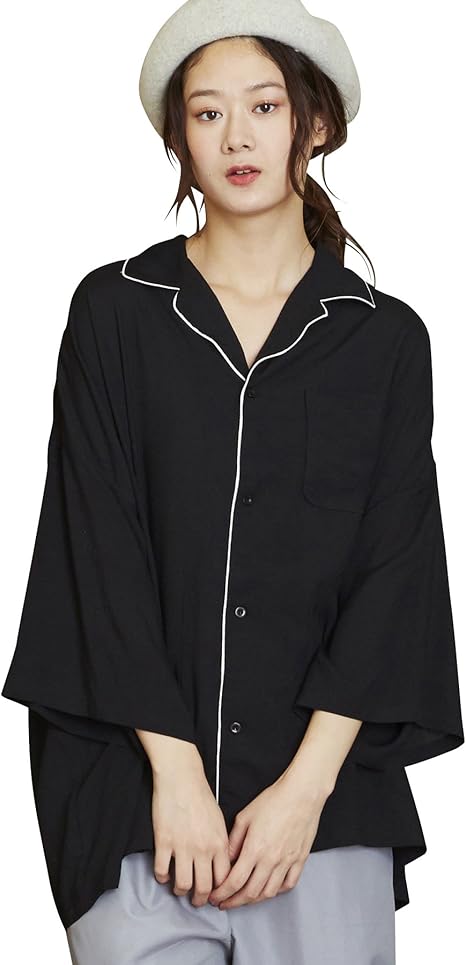 Amazon アンリラクシング Unrelaxing オーバーサイズ開襟パイピングシャツ パジャマシャツ Ur 531w Free ブラック Ur 531w Bk01f001 シャツ ブラウス 通販