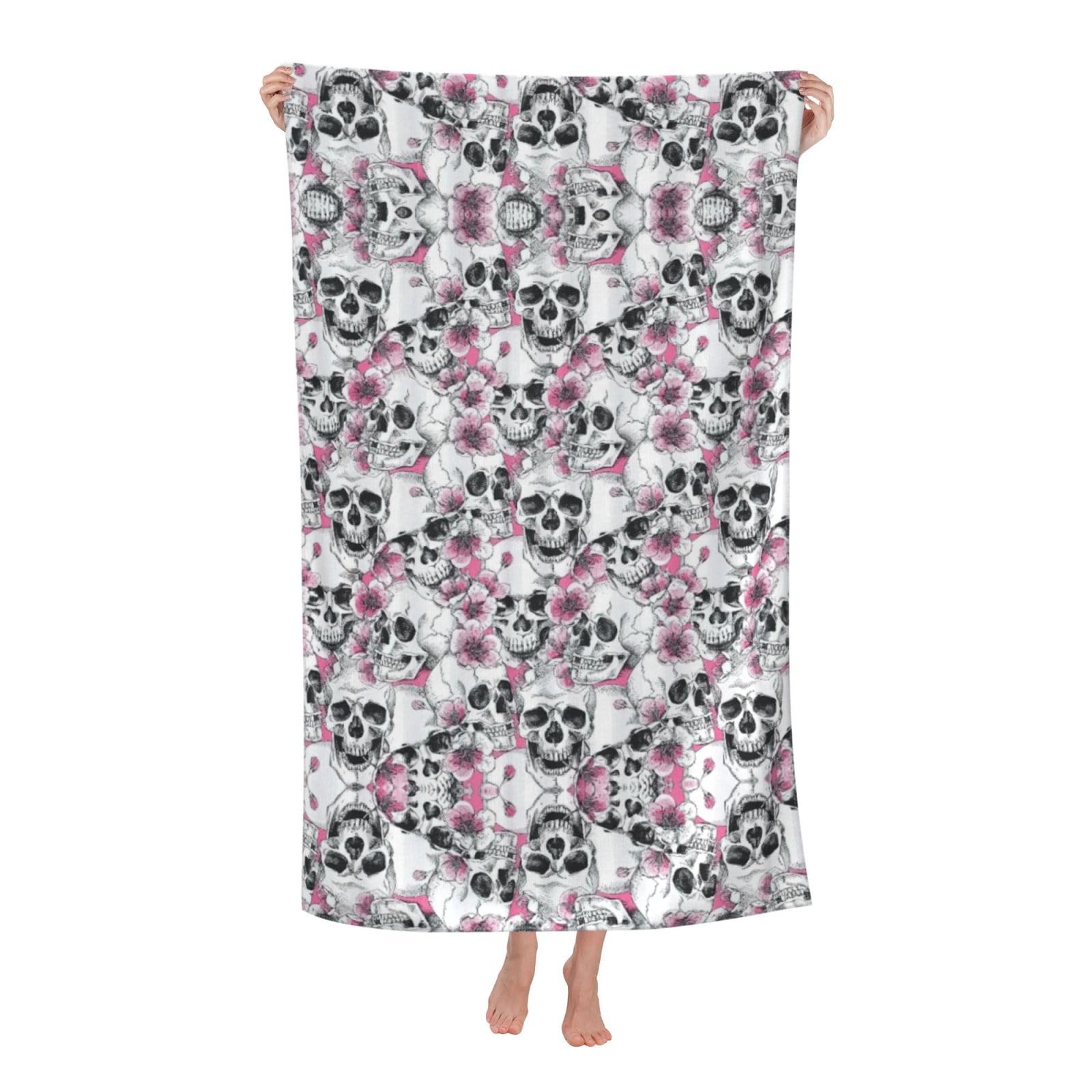 Oazcvbnn Women's White Floral Skull Print Adult Beach Towel Summer Travel Pool Vacation Swimming Fitness Outdoor Adventures