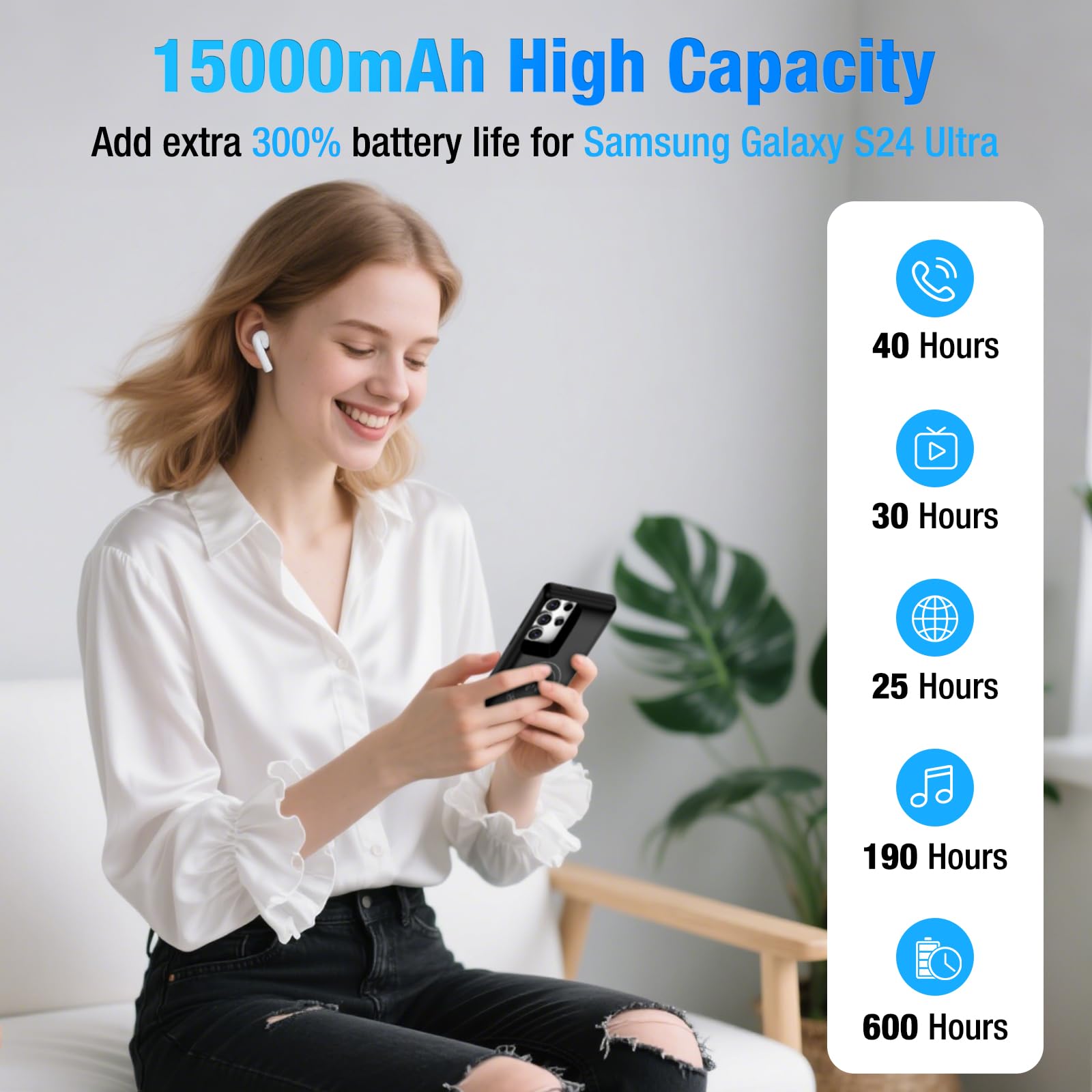 Funda de batería para Samsung Galaxy S24 Ultra (15000 mAh), cargador rápido GaN, funda de carga portátil extendida, cargador inalámbrico con cable USB-C de 20 W (6.8 pulgadas), color negro