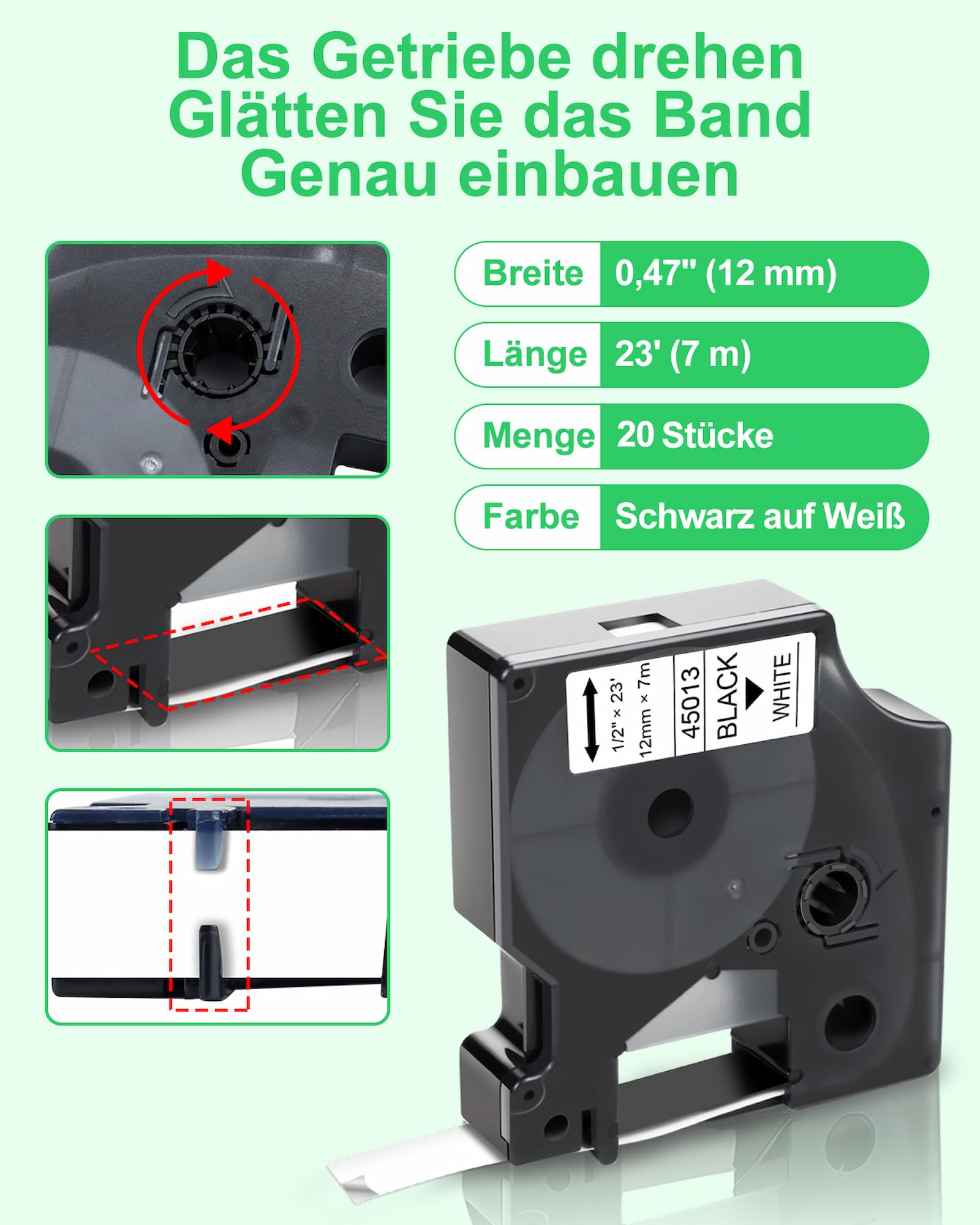 20x Kompatibel für Dymo D1 Etikettenband 12mm x 7m 45013 A45013 S0720530 Schwarz auf Weiß Schriftband für Dymo Gerät LabelManager 160 210D 360D 280 420P 500TS PnP Labelpoint 250 150 100 200 350