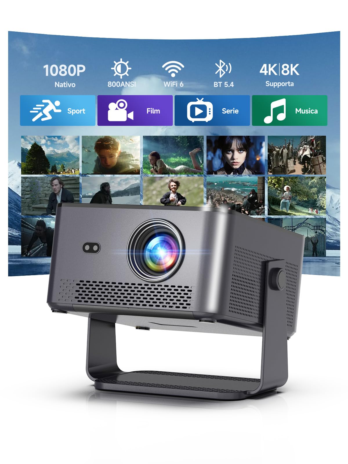 【Android 14 & 800 ANSI】Smart Proiettore Portatile 4K Supporto, 1080P Nativo | Messa A Fuoco Automatica, Correzione Trapezoidale, WiFi 6 BT 5.4, Altoparlante da 15W, Rotazione 180° Proiettore da Esterno