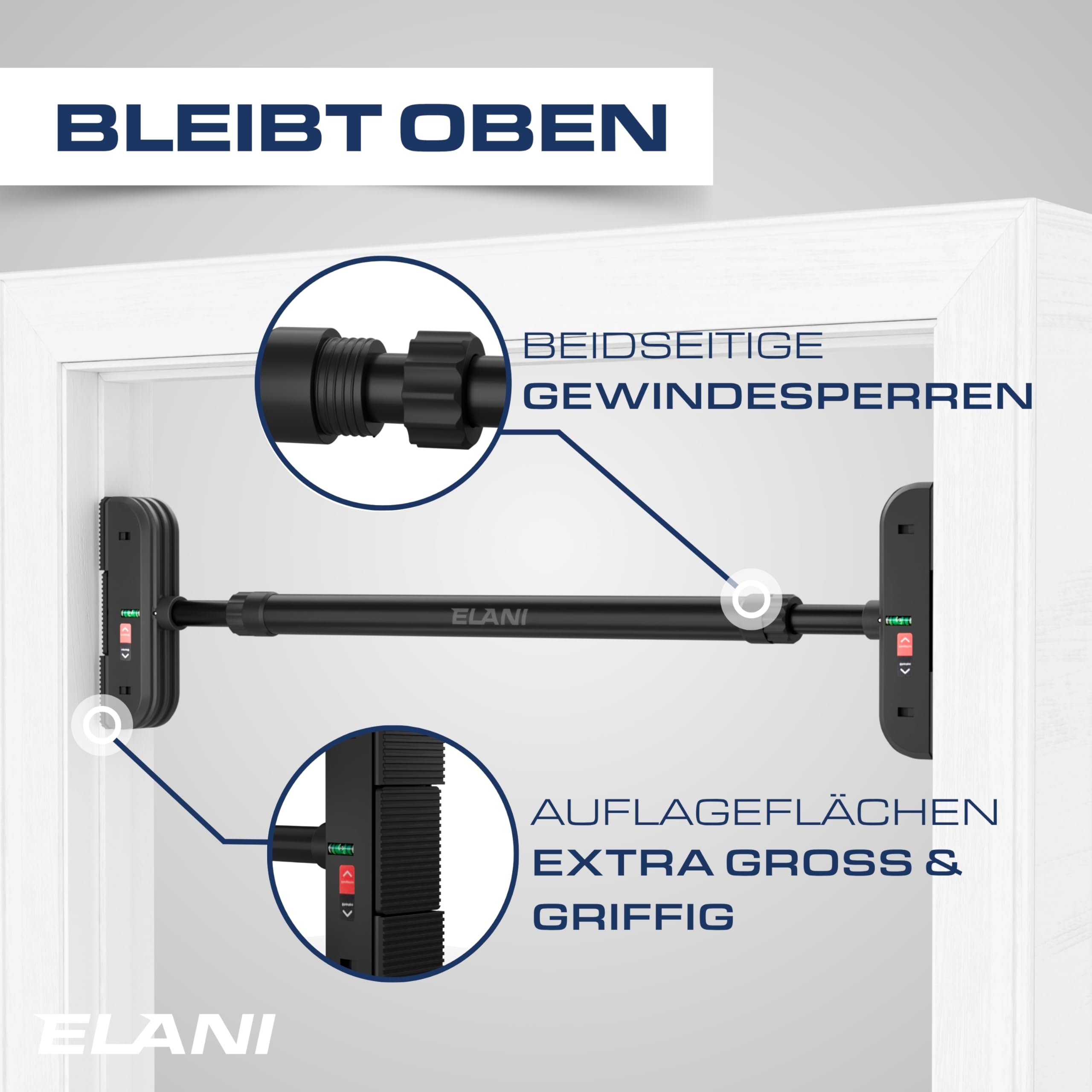 ELANI – sichere Klimmzugstange 75-95 cm bis 200 kg für Türrahmen ohne Bohren mit innovativer Gewindesperre – Pull Up Bar, Türreck Klimmzugstange Türrahmen, Klimmzug, Klimzugststange