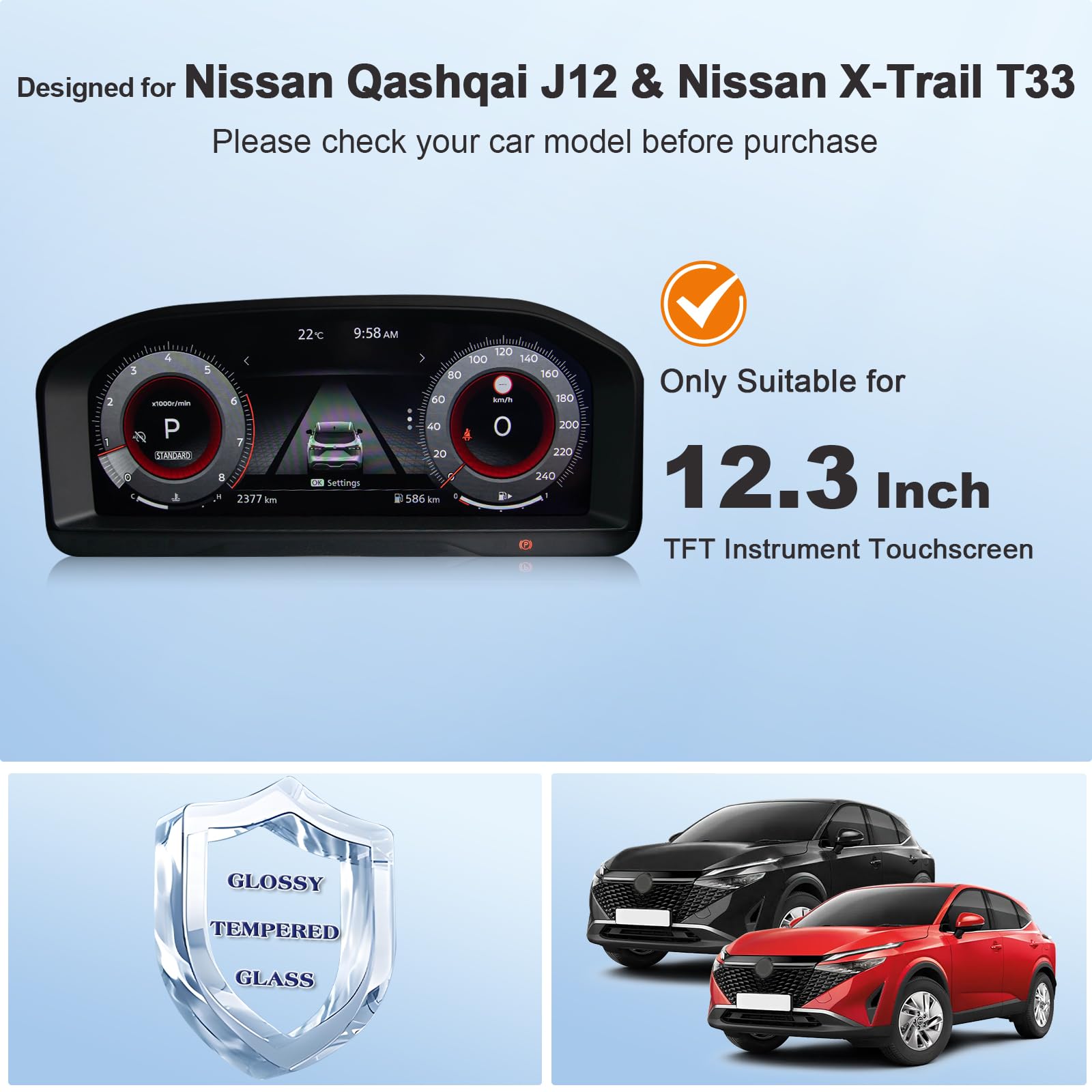 Compatibile con 2022 2023 2024 2025 2026 Nissan Qashqai J12 & Nissan X-Trail T33 Instrument Pellicola Protettiva, 12,3" TFT Digital Instrument Protezione Schermo in Vetro Temperato 9H Antigraffio