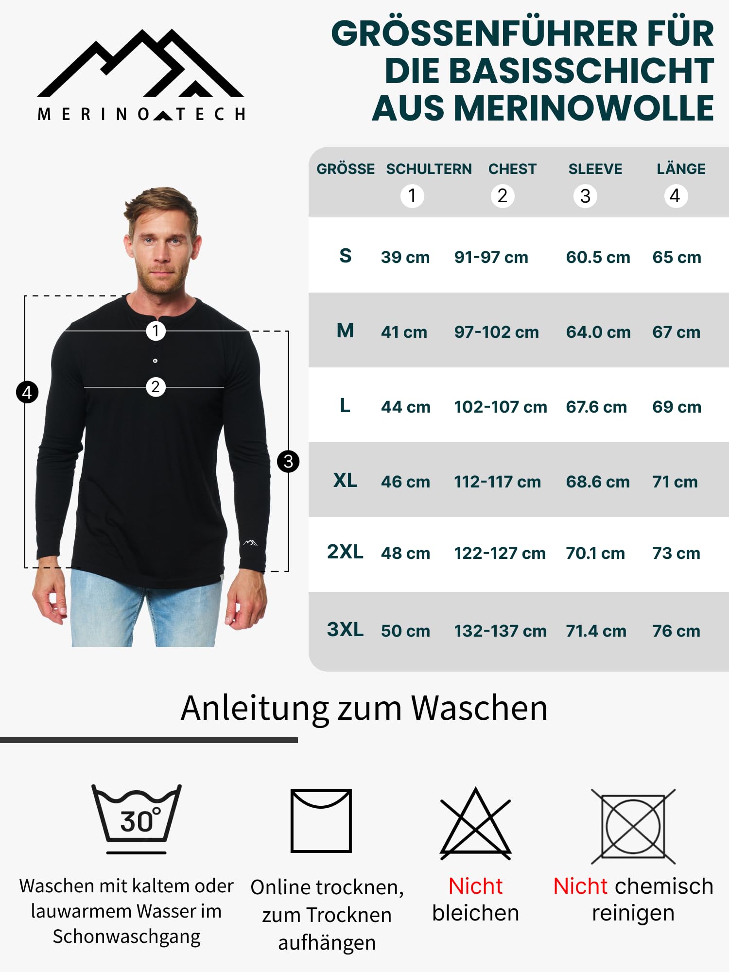 Merino.tech 100% Merino Shirt Herren Langarm 3 Kragenformen Outdoor Alltag | Henley Shirt mit Knopfleiste, Rundhals, V-Ausschnitt kratzfrei, für Casual und Büro, geruchshemmend, feuchtigkeitsableitend