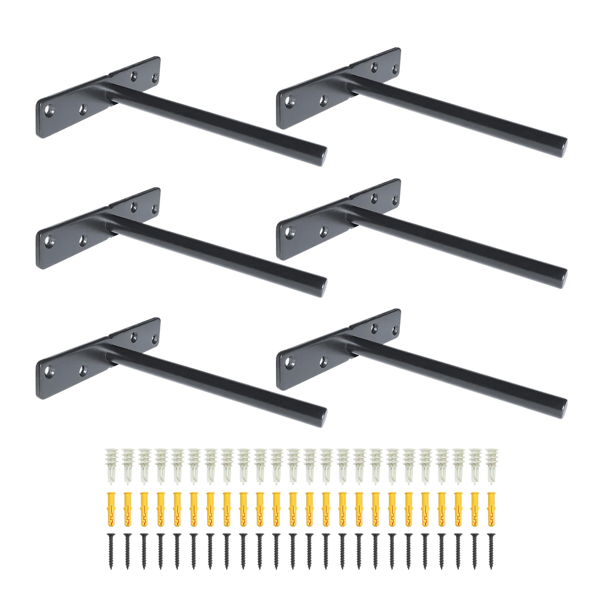 Premium Heavy Duty Floating Shelf Brackets - Solid Steel Wall Mounted Bracket for Concealed Shelves with Screws & Wall Plugs for Drywall & Concrete Wall - Invisible Hidden Supports (6 Pcs, Black)