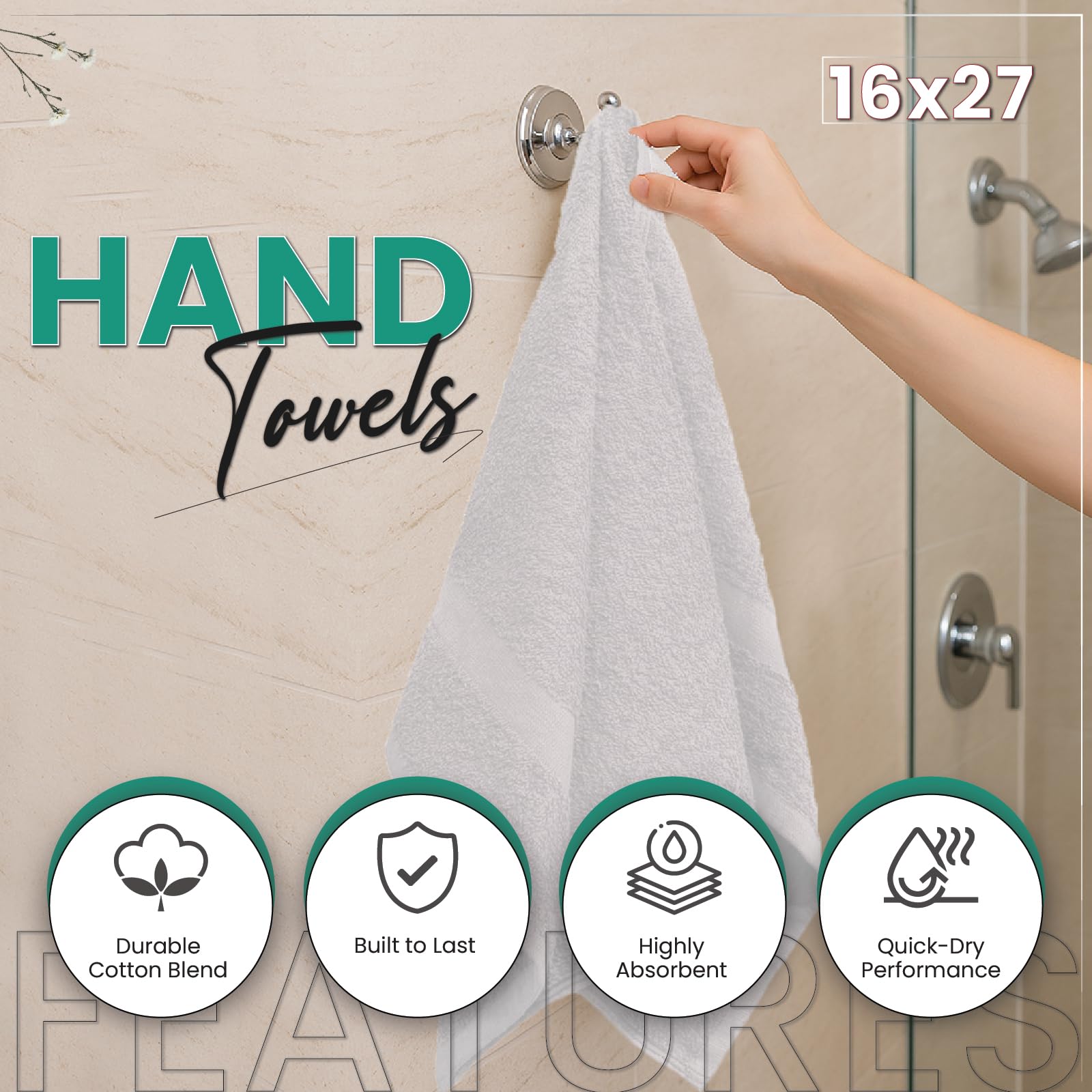 Toallas de mano económicas blancas – Toallas estándar para gimnasio, peluquería, hotel, spa, baño y motel, paquete de toallas de mezcla de algodón de gran tamaño, 16 x 27 pulgadas (paquete