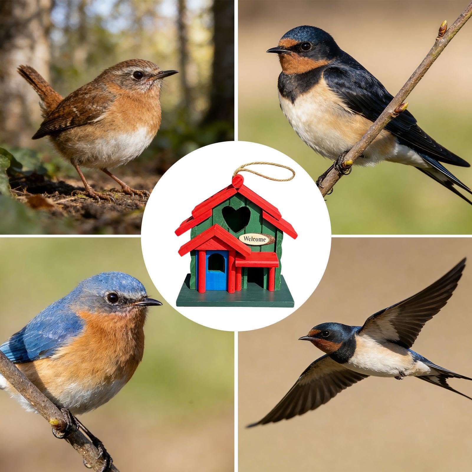 Casas de Madera para Pájaros Refugio Estético de Madera con Cuerda | Casitas Para Azulejos en Exterior Para Petirrojo Gorrión Agapornis Pinzón Jardín Terraza Balcón Patio