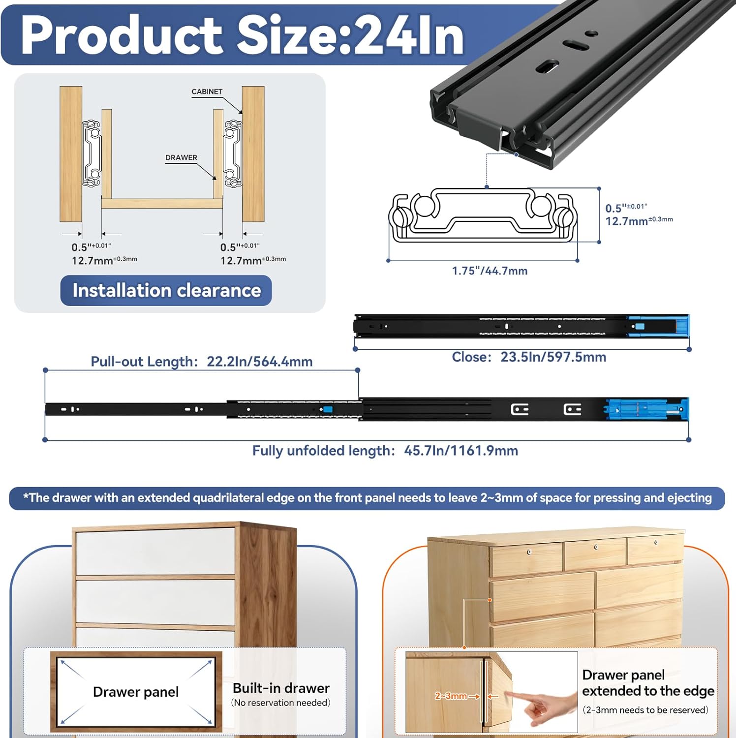 tobegreat push to open soft close drawer slides 24 inch side mount dresser runner black,2/3 full extension ball bearing 100 lb kitchen nightstand glides rails 1 pair black(push to open & soft close)-1 pair 24 inch