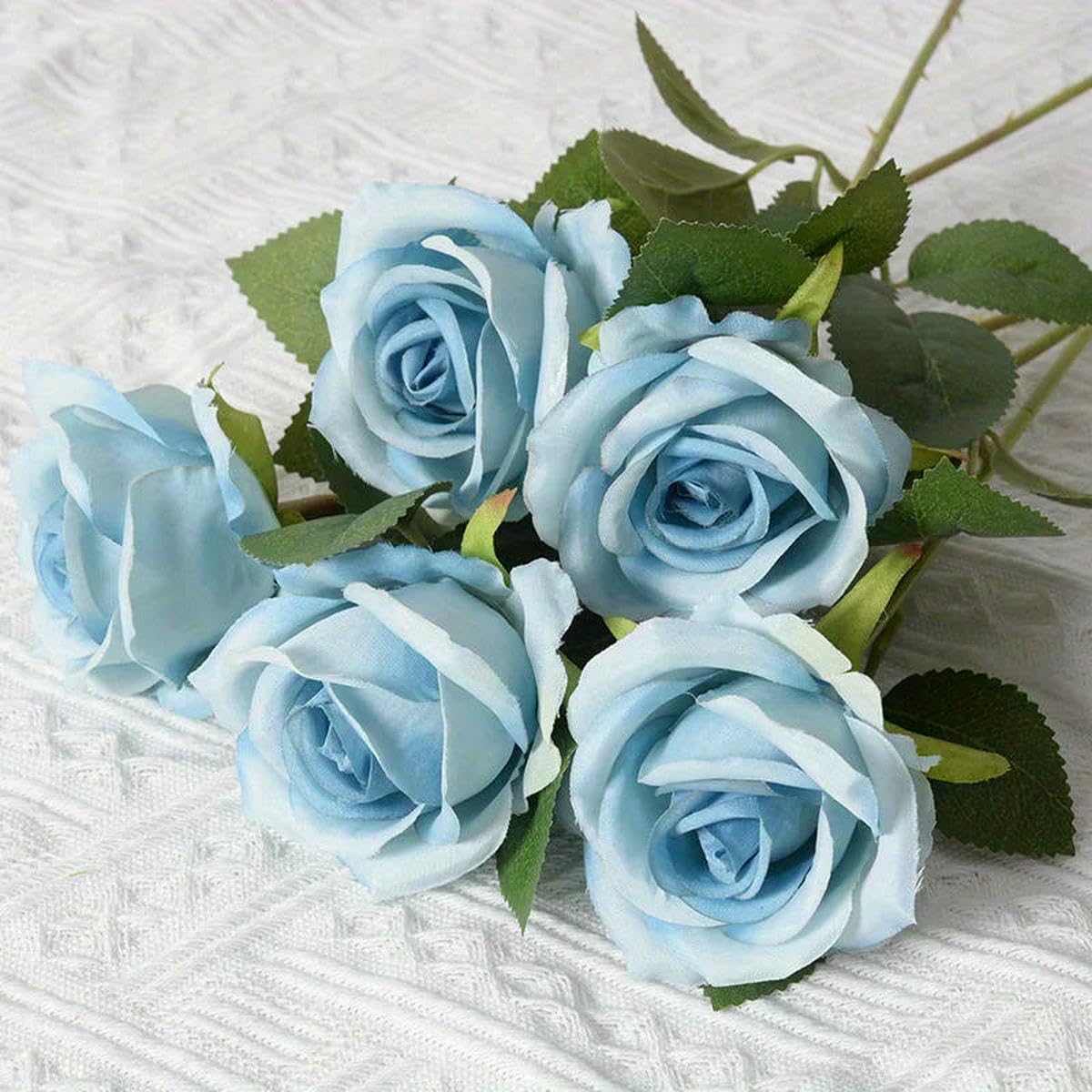 AYHTUD 12pcs Realistic Artificial Rose Bouquet for Weddings, Birthdays, and More for Floral Arrangements and Home Decor-Blue