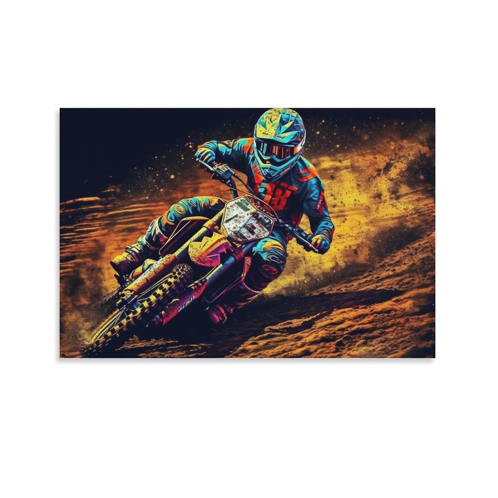CPLVKWRQJ Bright Magical Colorful Individual Motocross Rider on Dirt Track Wall Art Decor - Kitchen Canvas Wall Decor Removable Multi-Purpose Focal Point 16x24inch(40x60cm)