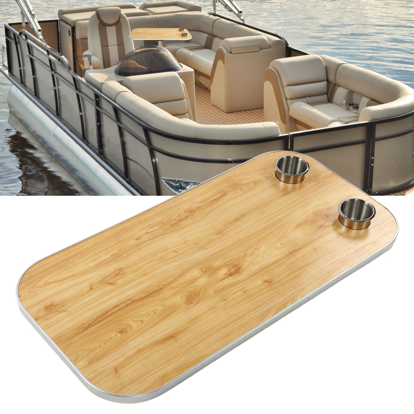 Loboo Idea Tavolo da barca in legno massello con 2 portabicchieri rimovibile, pannello da tavolo per roulotte, camper, yacht marino (giallo)