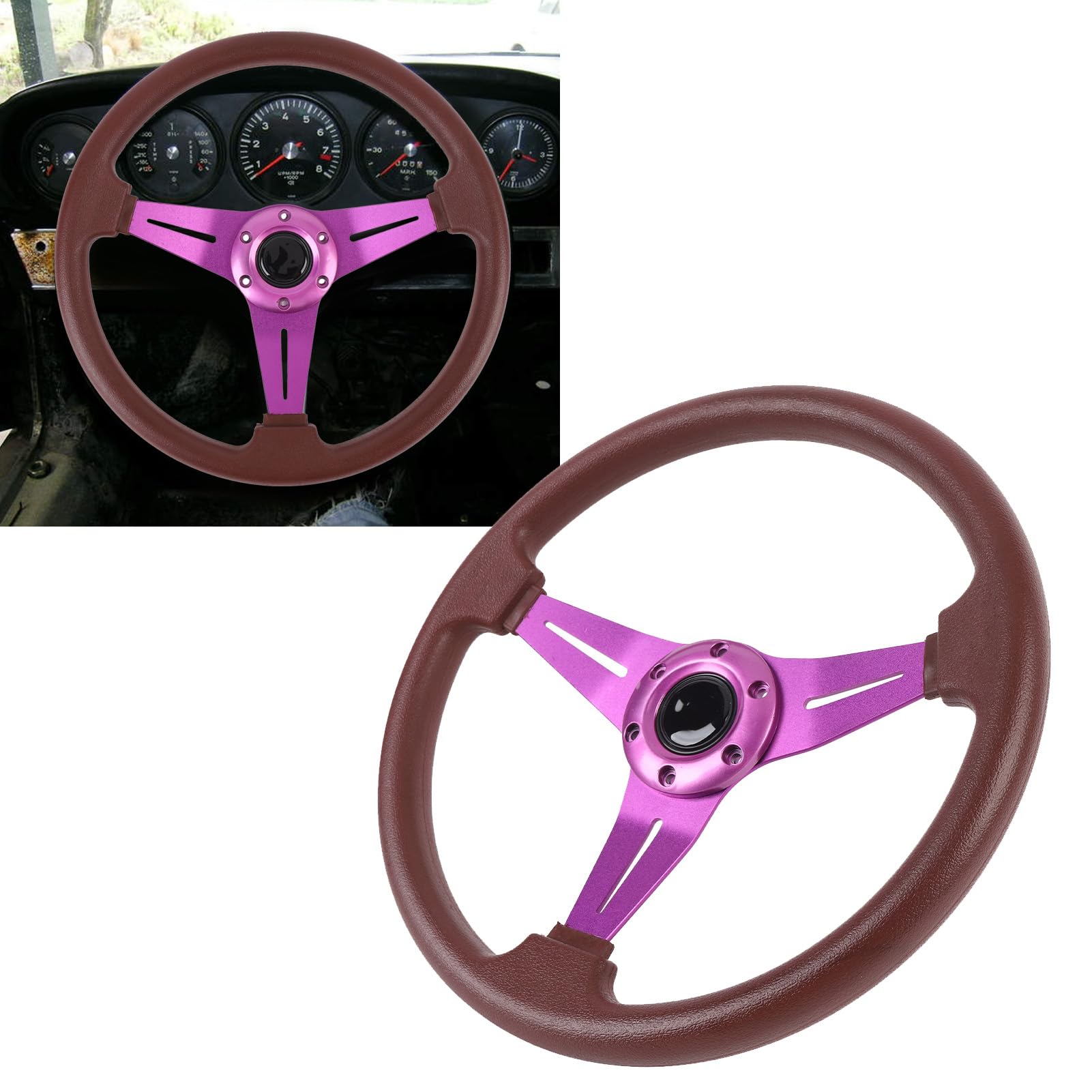 14-calowa Kierownica Samochodowa, Szprychy ze Skóry PU i Aluminium Wygodny Uchwyt Kierownica do Gier Wyścigowych Drift z Przyciskiem Klaksonu na 6-otworowy Adapter Piasty (PURPLE)