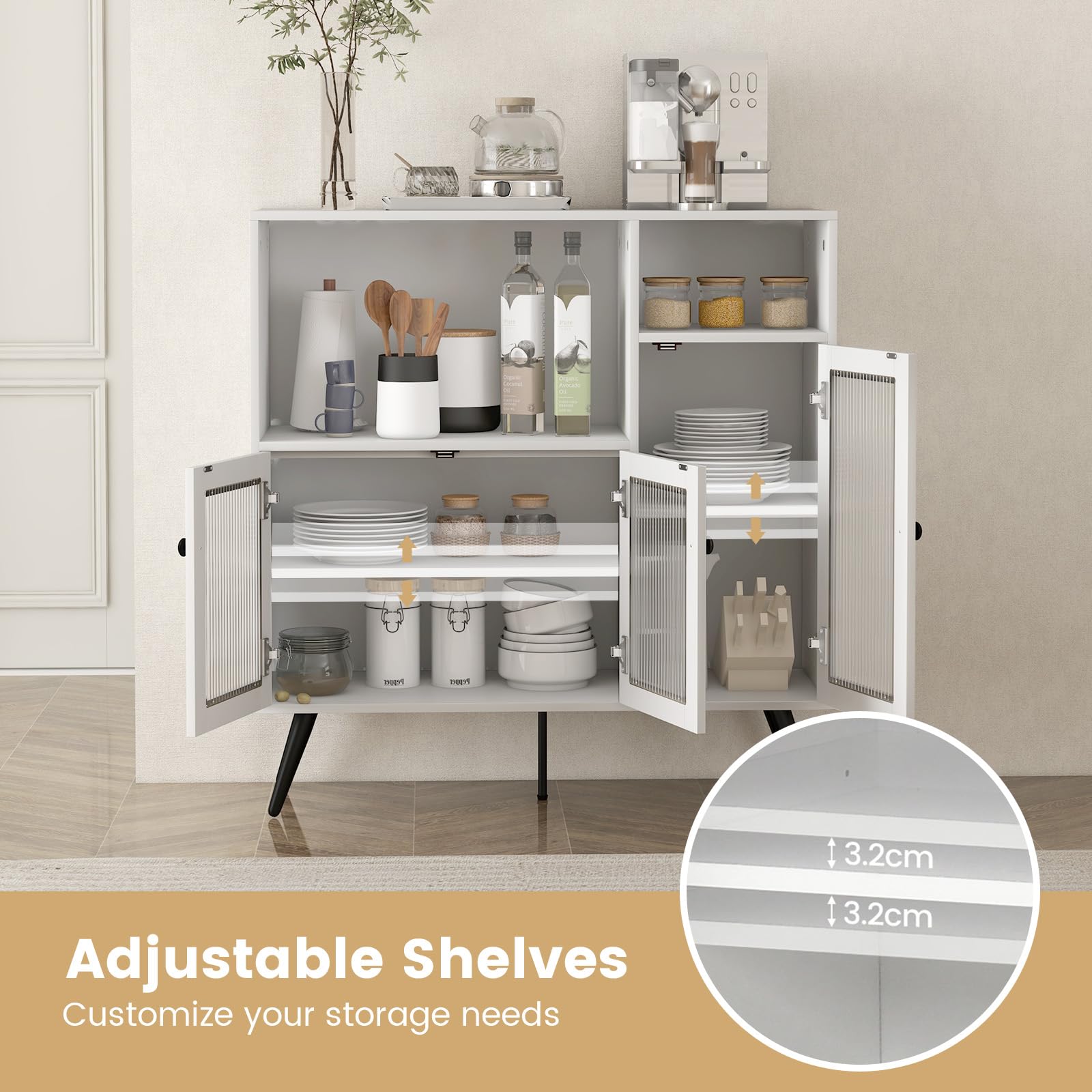 GIANTEX Keukenkast, buffetkast, keuken, keukenbuffet, sideboard met open plank en 2 deuren, opbergkast, commode van hout met verstelbare plank, opbergkast, 114 x 51 x 91 cm, wit