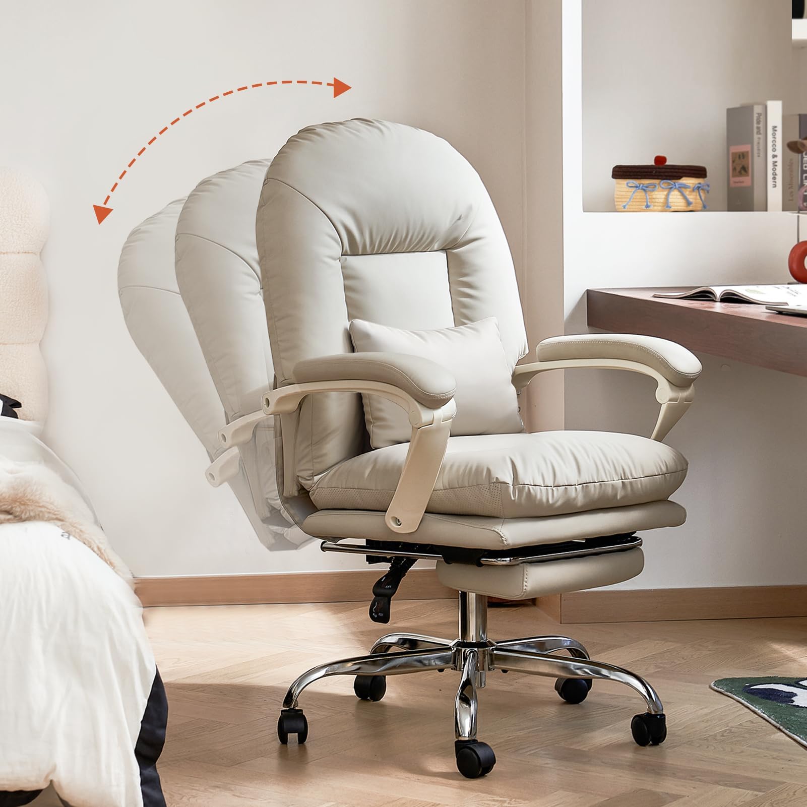 EMIAH Silla de Oficina Ergonómica con Reposapiés, Silla de Escritorio Ejecutiva Reclinable, Sillón de Cuero PU, Modernas Cómoda Silla de Ordenador Tocador con Ruedas, Bonita Silla para el Hogar, Beige