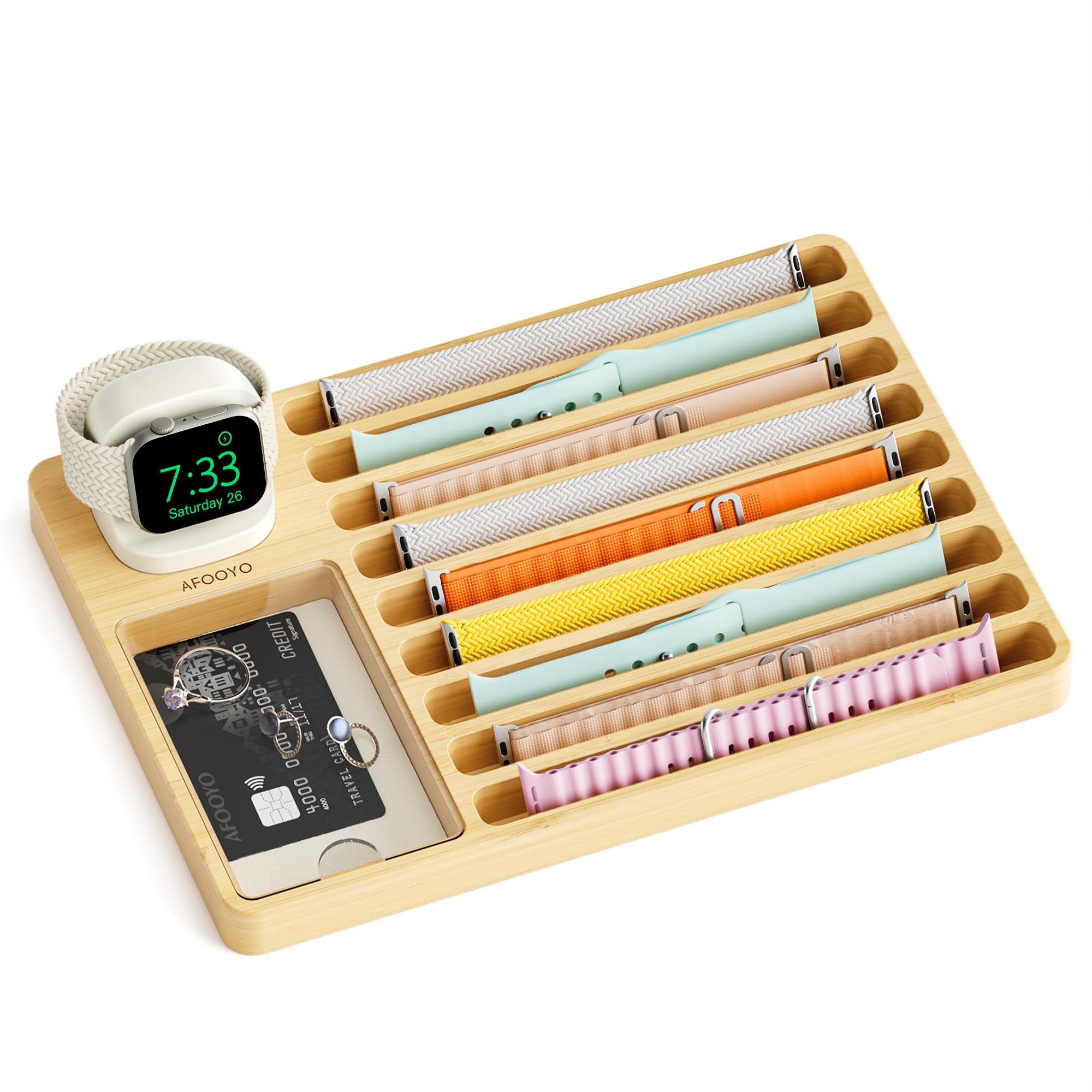 AFOOYO Wooden Watch Band Organizer - Charger Stand Compatible with All Apple Watch Series and Watch Bands Display Watch Storage Case Tray with Acrylic Top Lid(Bamboo)