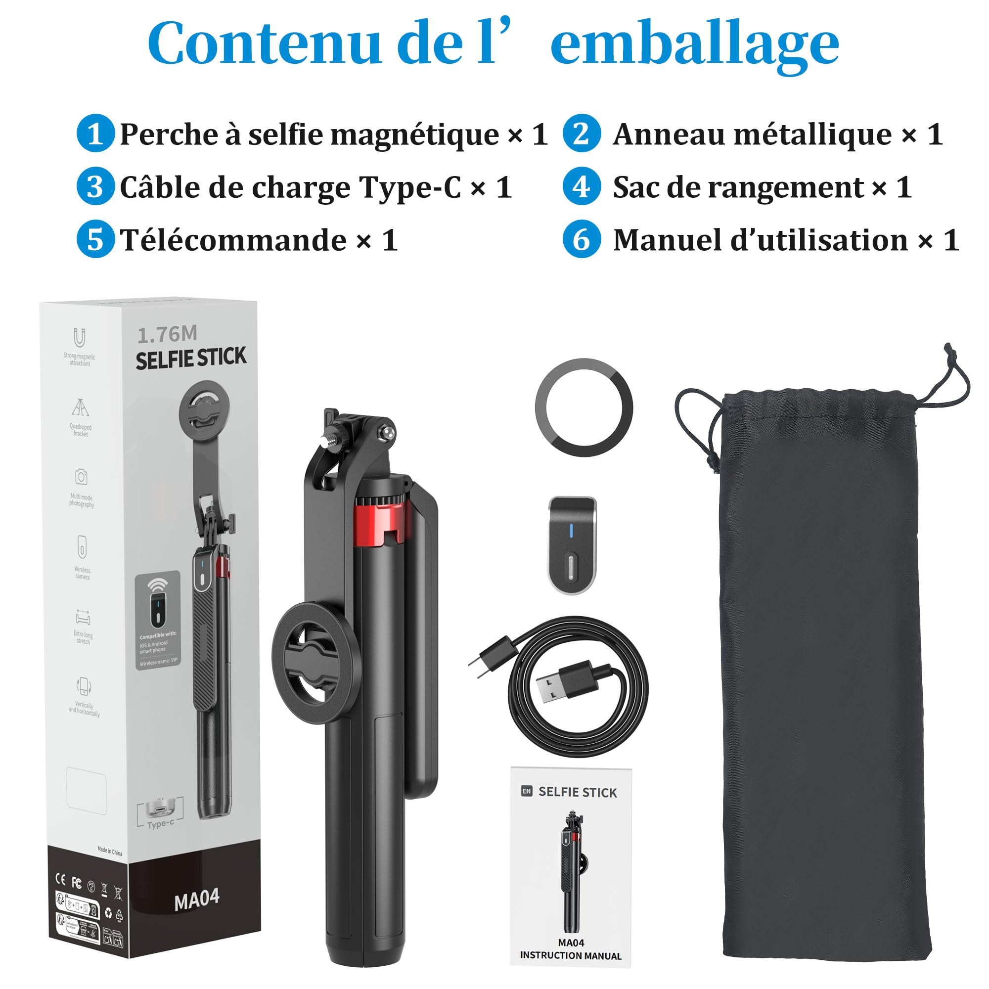 PlusAcc 176 cm Trépied magnétique pour MagSafe Selfie - Support Stable en Aluminium et Support de Voyage Rotatif à 360° - Compatible avec iPhone/Smartphones pour Selfies, enregistrements vidéo en