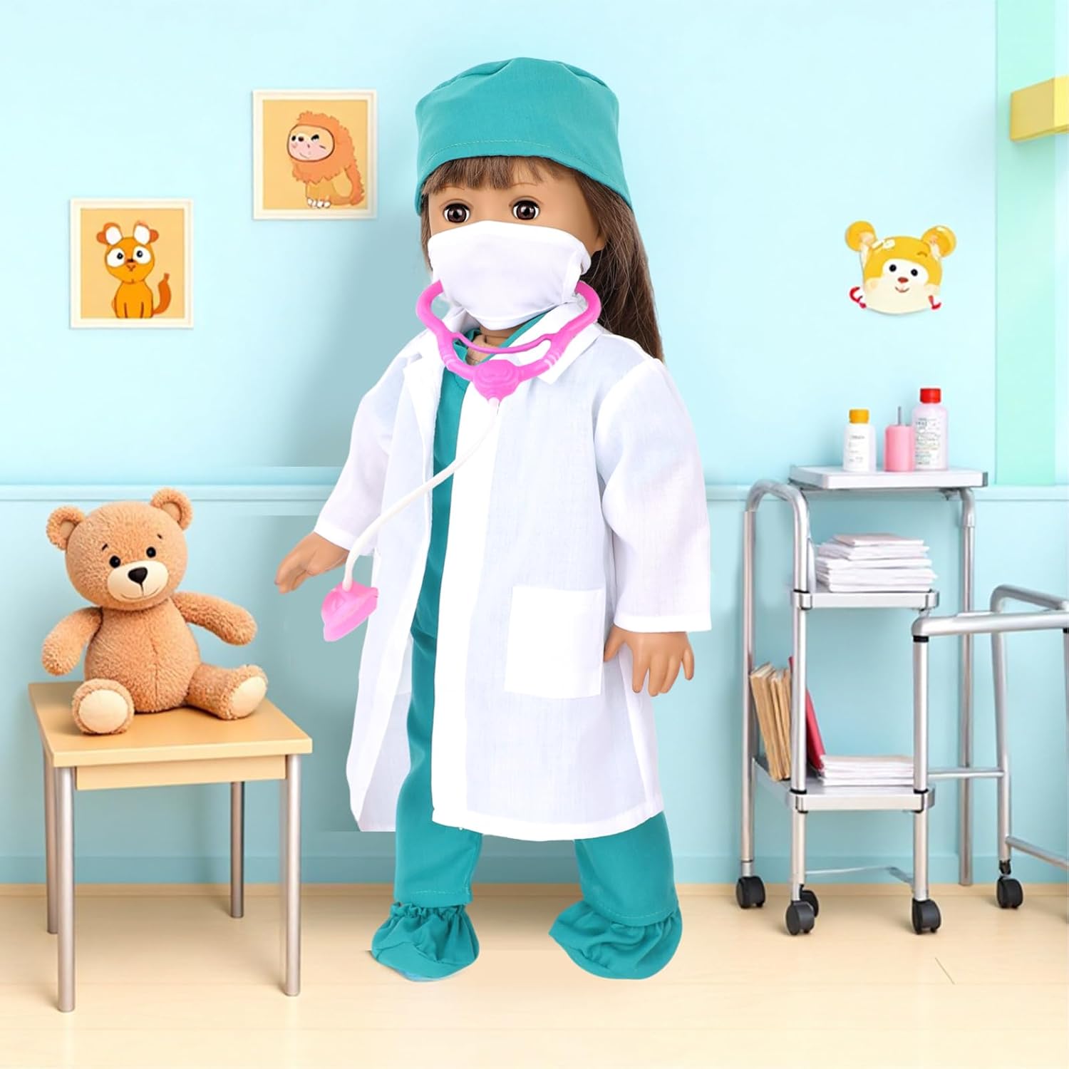 MSYO 18-Inch Doll Doctor Playset-Pretend Play Medical Kit with White Coat,Scrubs & Surgical Tools,STEM Roleplay Costume for Kids Ages 3-12,Fits Most 18-Inch Girl & Boy Dolls(Green)