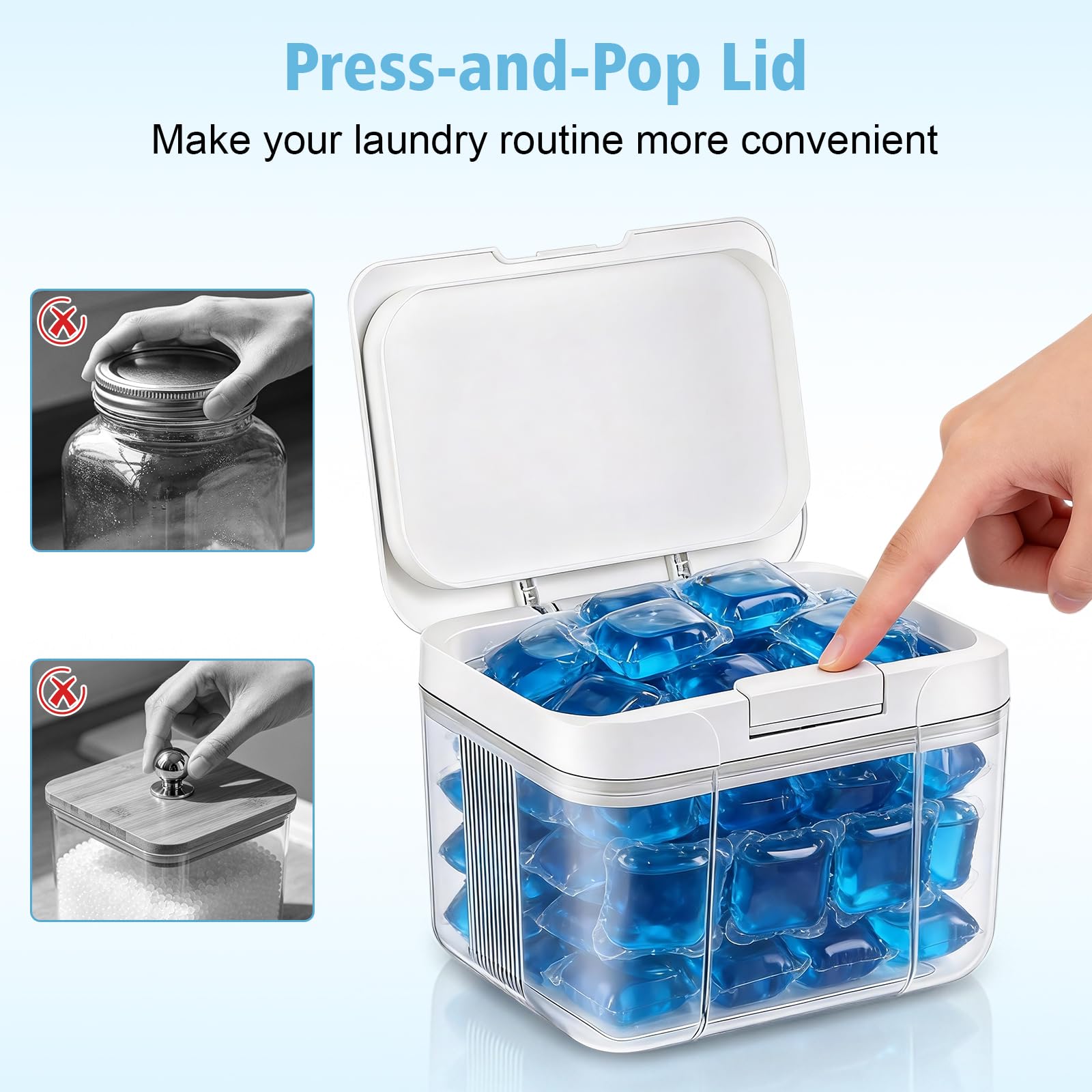 JIZZU Scatola di immagazzinaggio di Pods Detersivo 2,9 L, Dispenser per detersivo liquido in acrilico trasparente, con dosatore e chiusura ermetica, per detergente, perle e booster di profumo