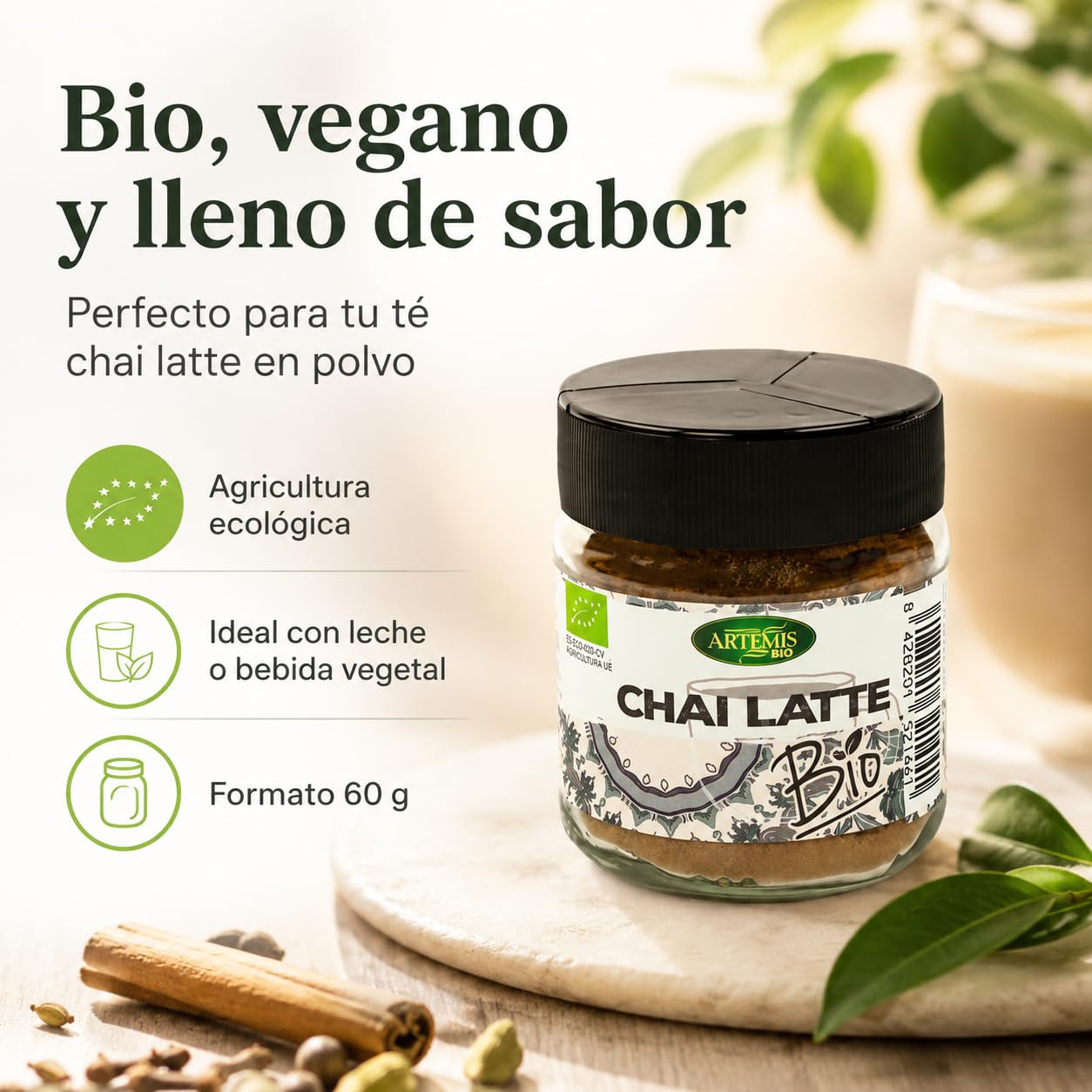 Chai Latte Bio Artemis 60 g té en polvo con especias ecológicas mezcla para leche o bebida vegetal
