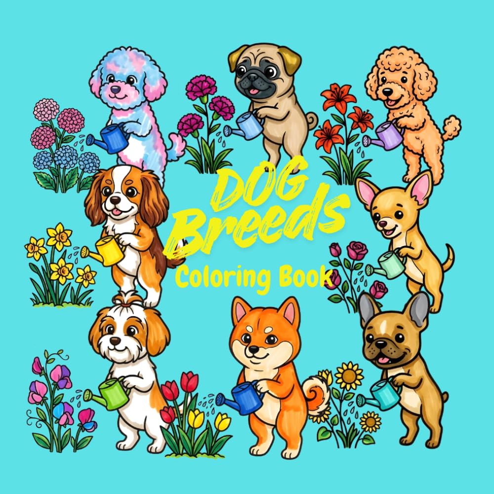 Cute Dog Breeds Coloring Book For Kids: A Fun, Single-Sided Coloring Book for Kids to Discover 50 Dog Breeds (8.5" x 8.5)"