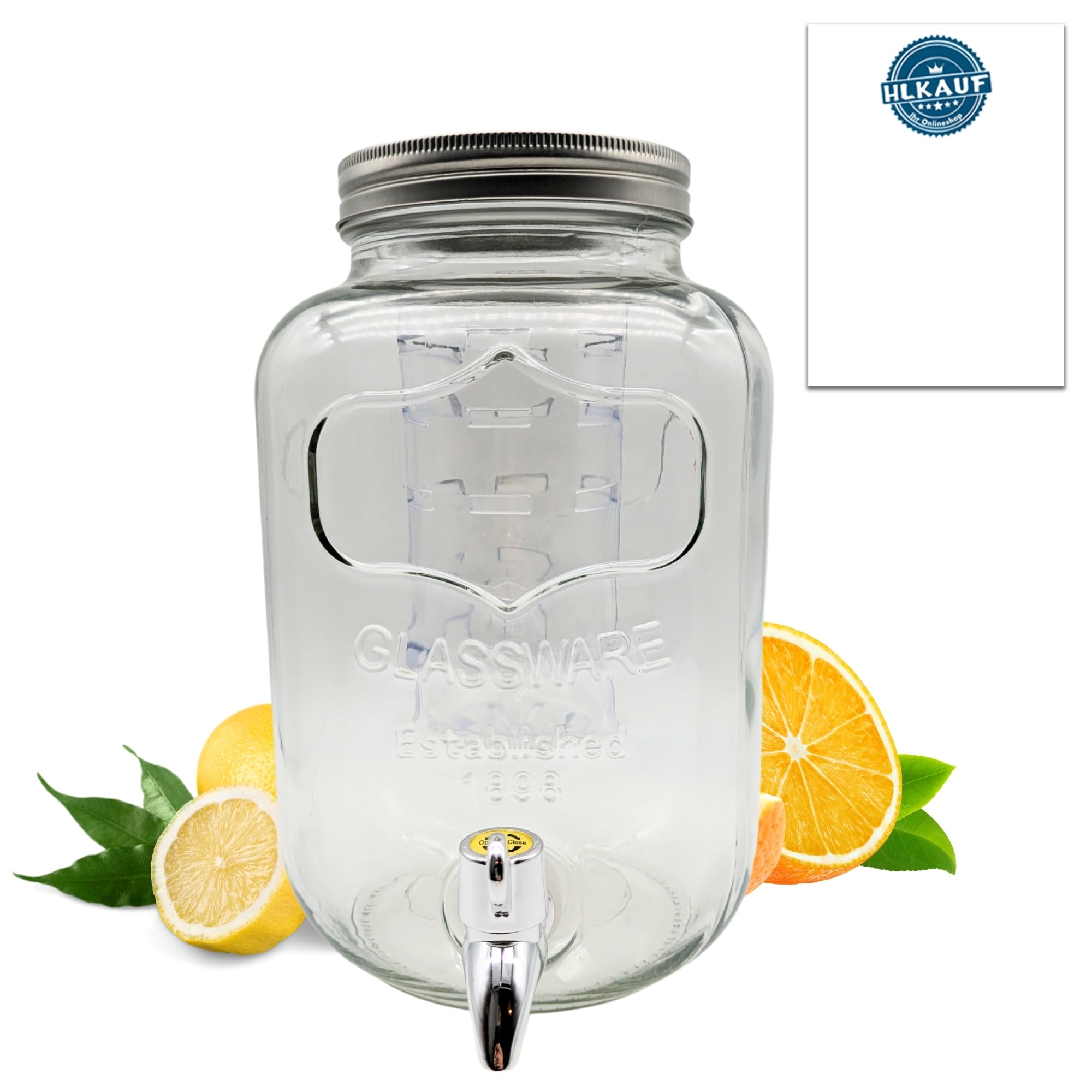 Getränkespender 4 Liter aus Glas Saftspender mit Zapfhahn und Fruchteinsatz ideal für Limonaden Wasserspender & GRATIS HLKauf-Block