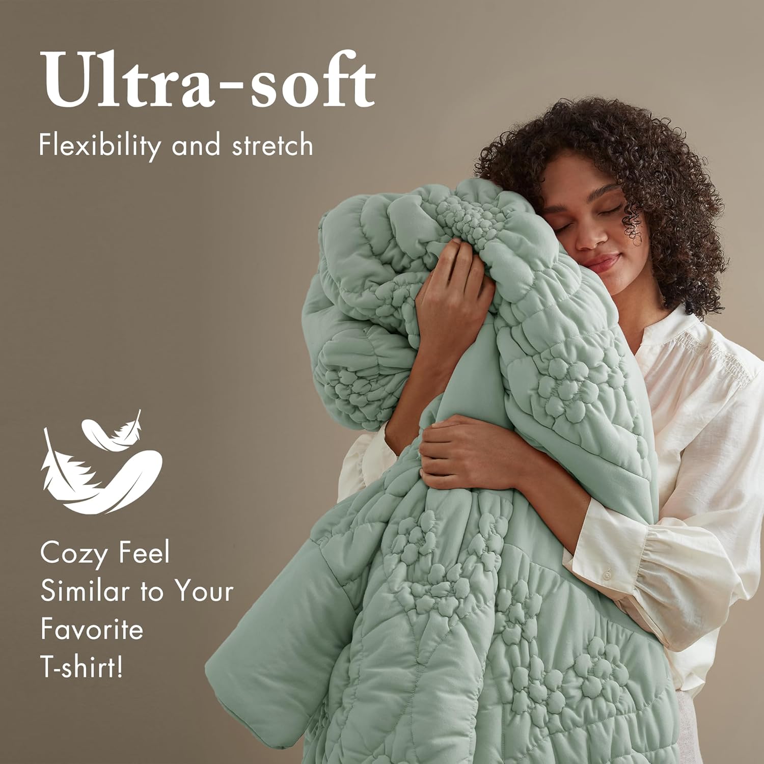 Madison Park Floral Jersey Comforter Set, Puffy Cloud Twin Size Comforters Crinkled Farmhouse Rustic Shabby Chic Bedding Set, Ultra-Soft All Season Down Alternative, Sage Green 2-Piece